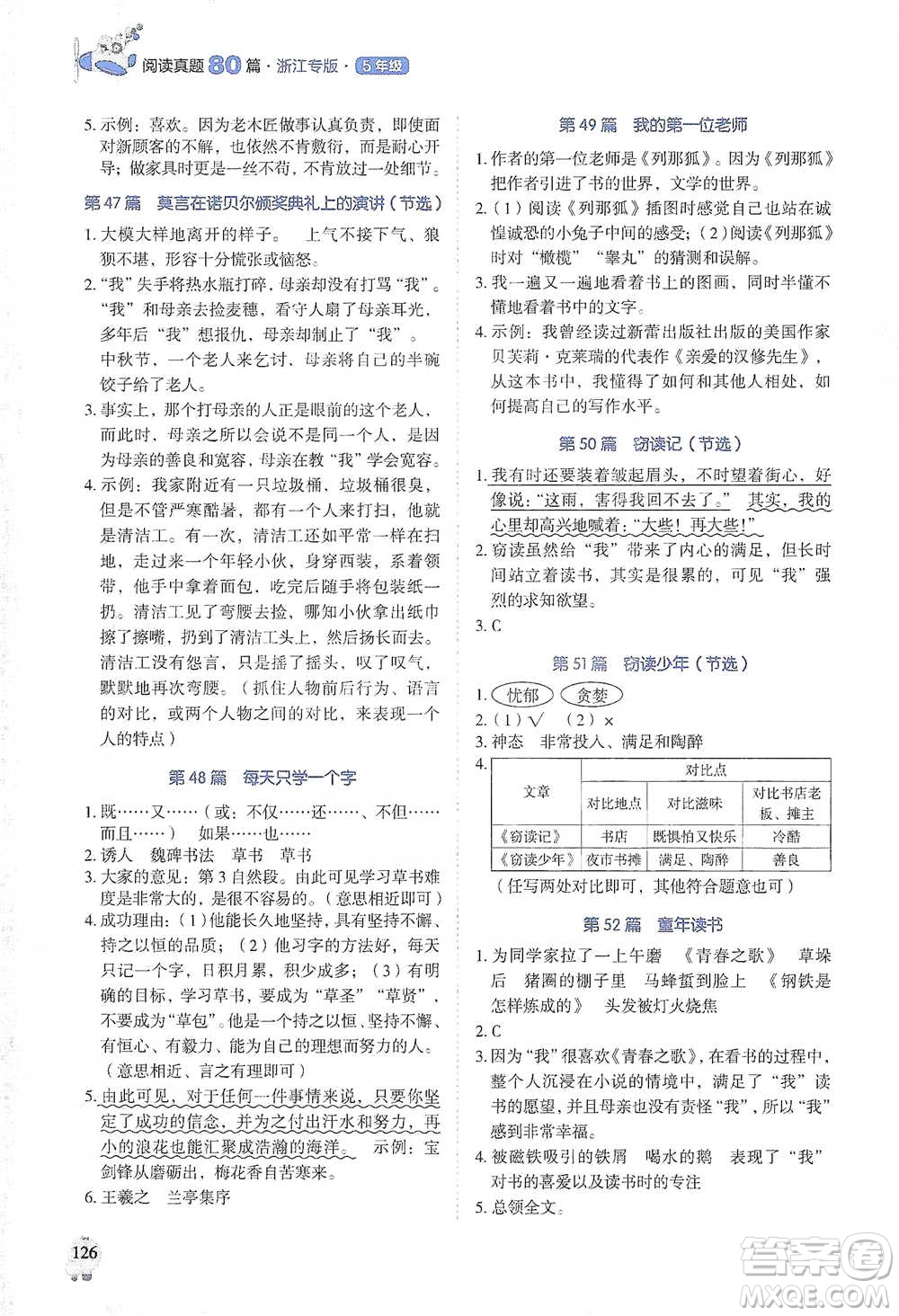廣東經(jīng)濟(jì)出版社2021暢閱讀小學(xué)語文閱讀真題80篇浙江專版五年級參考答案