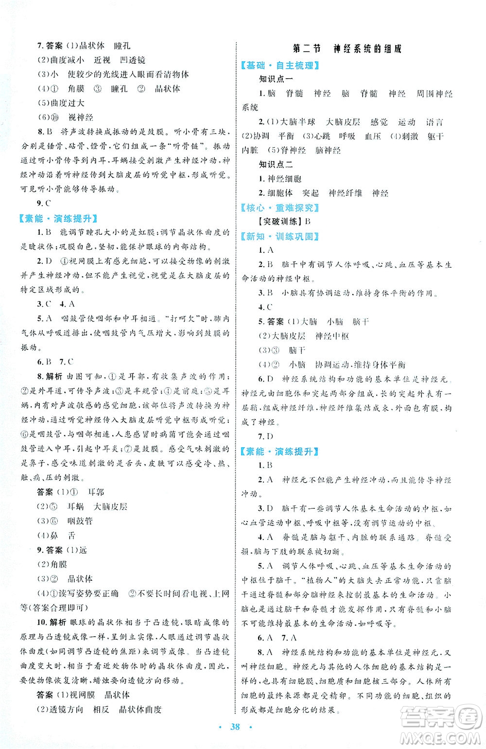 內(nèi)蒙古教育出版社2021學習目標與檢測七年級生物下冊人教版答案