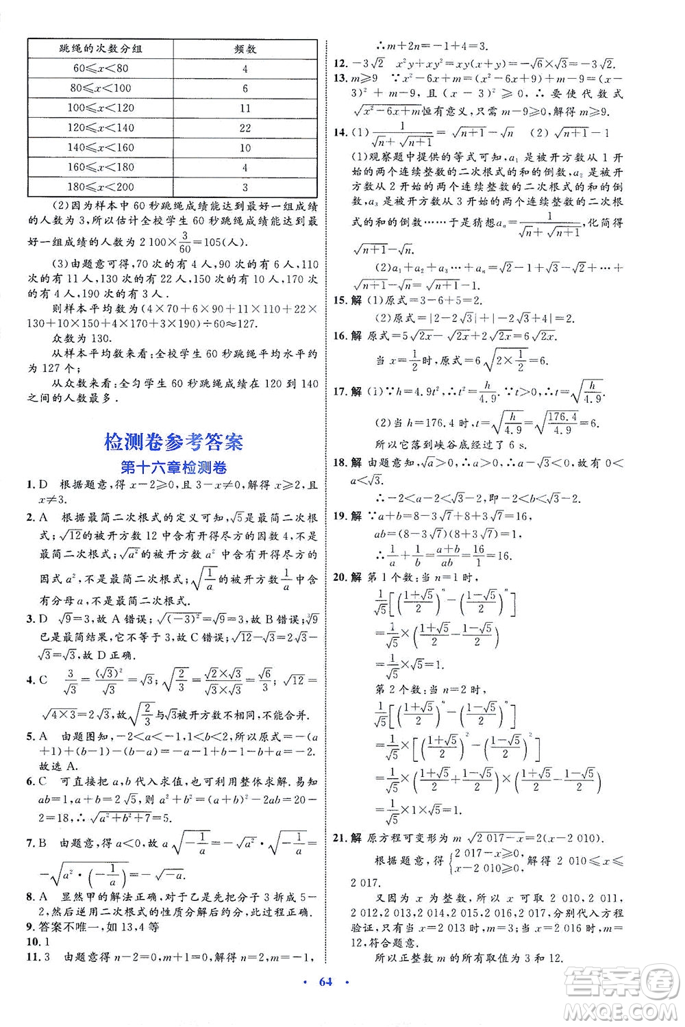 內(nèi)蒙古教育出版社2021學(xué)習(xí)目標(biāo)與檢測(cè)八年級(jí)數(shù)學(xué)下冊(cè)人教版答案