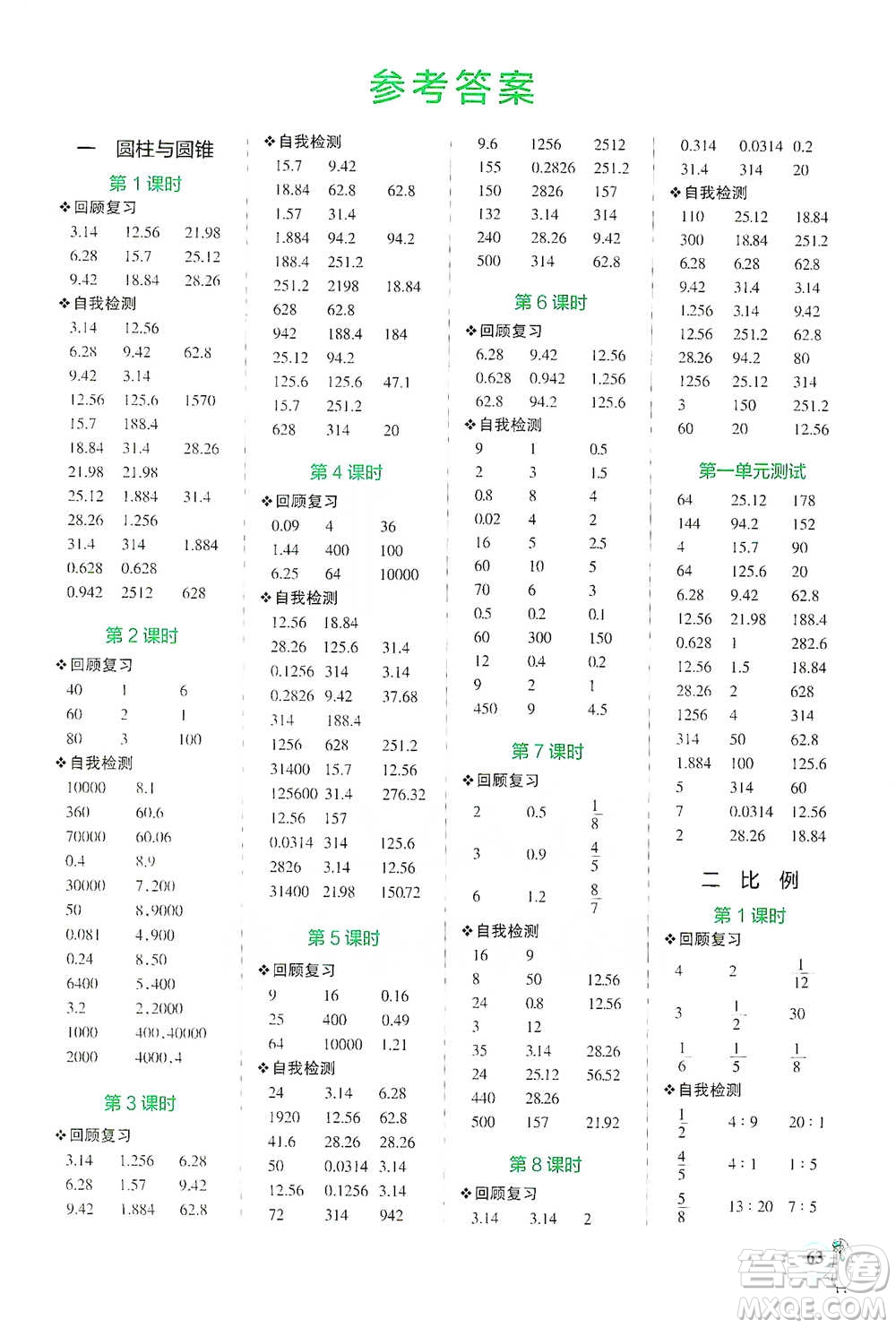 遼寧教育出版社2021小學學霸口算六年級下冊數(shù)學北師版參考答案