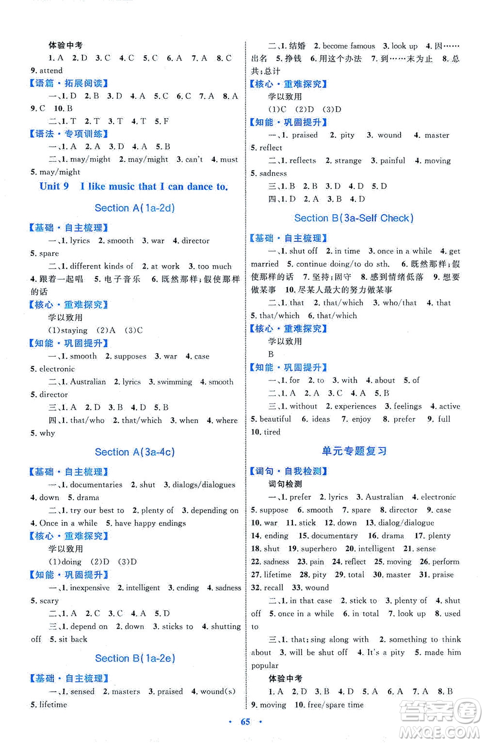內(nèi)蒙古教育出版社2021學(xué)習(xí)目標(biāo)與檢測九年級(jí)英語全一冊人教版答案
