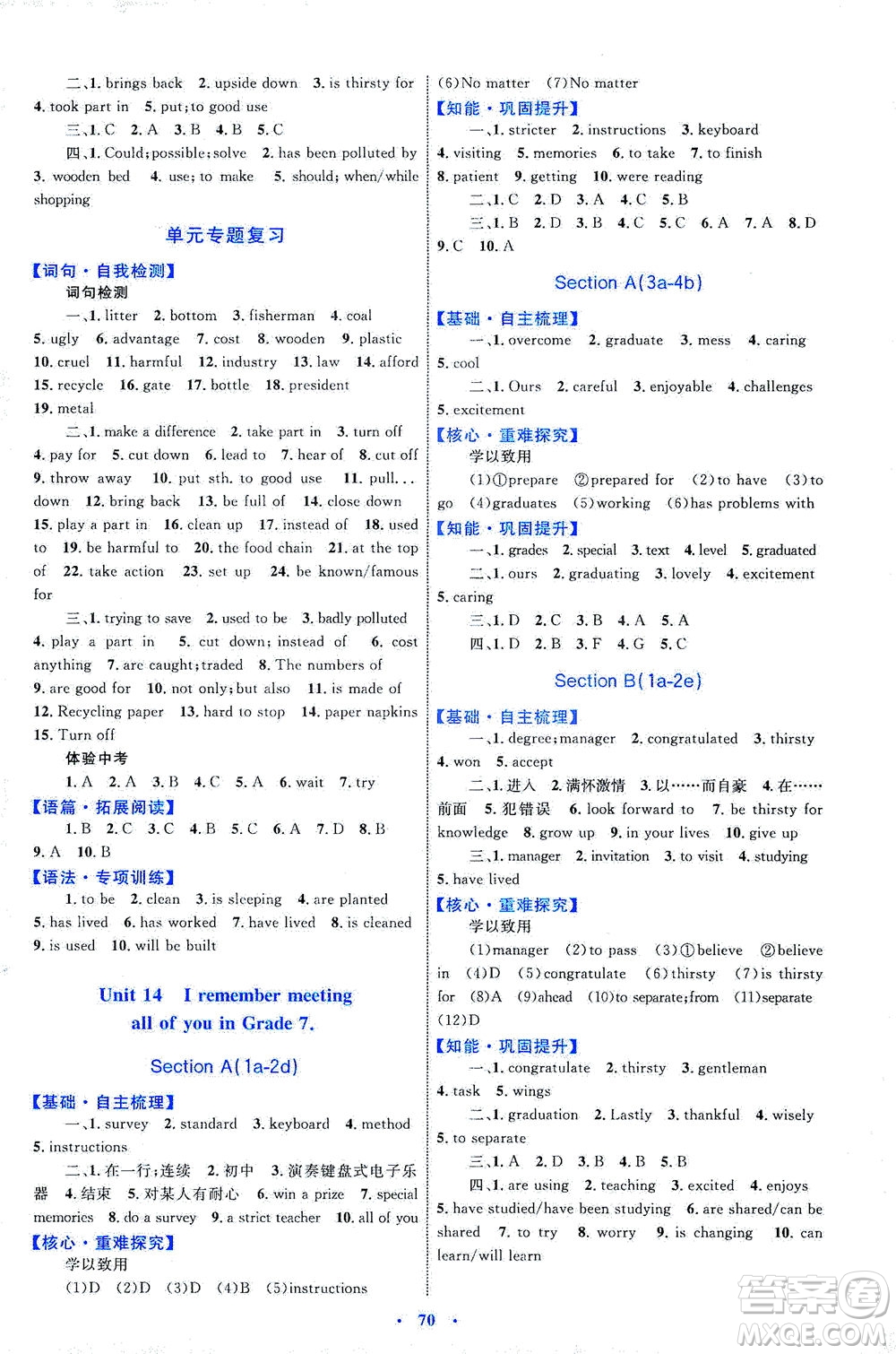 內(nèi)蒙古教育出版社2021學(xué)習(xí)目標(biāo)與檢測九年級(jí)英語全一冊人教版答案