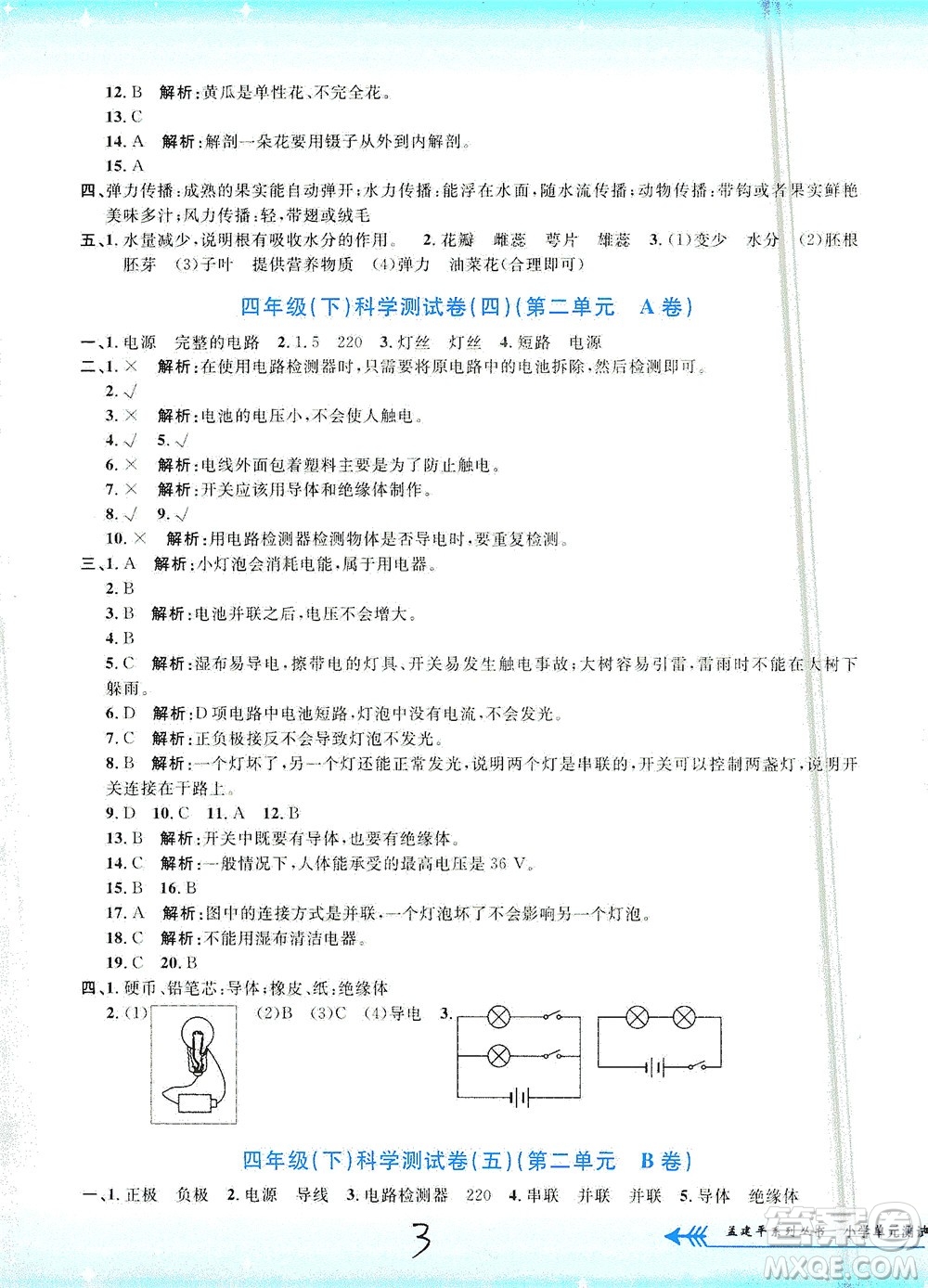 浙江工商大學(xué)出版社2021孟建平系列叢書(shū)小學(xué)單元測(cè)試科學(xué)四年級(jí)下J教科版答案