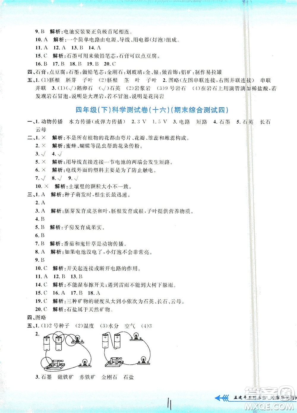 浙江工商大學(xué)出版社2021孟建平系列叢書(shū)小學(xué)單元測(cè)試科學(xué)四年級(jí)下J教科版答案