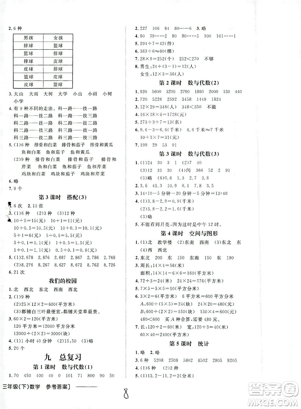 上海大學(xué)出版社2021非常1+1一課一練三年級(jí)數(shù)學(xué)下冊(cè)人教版答案