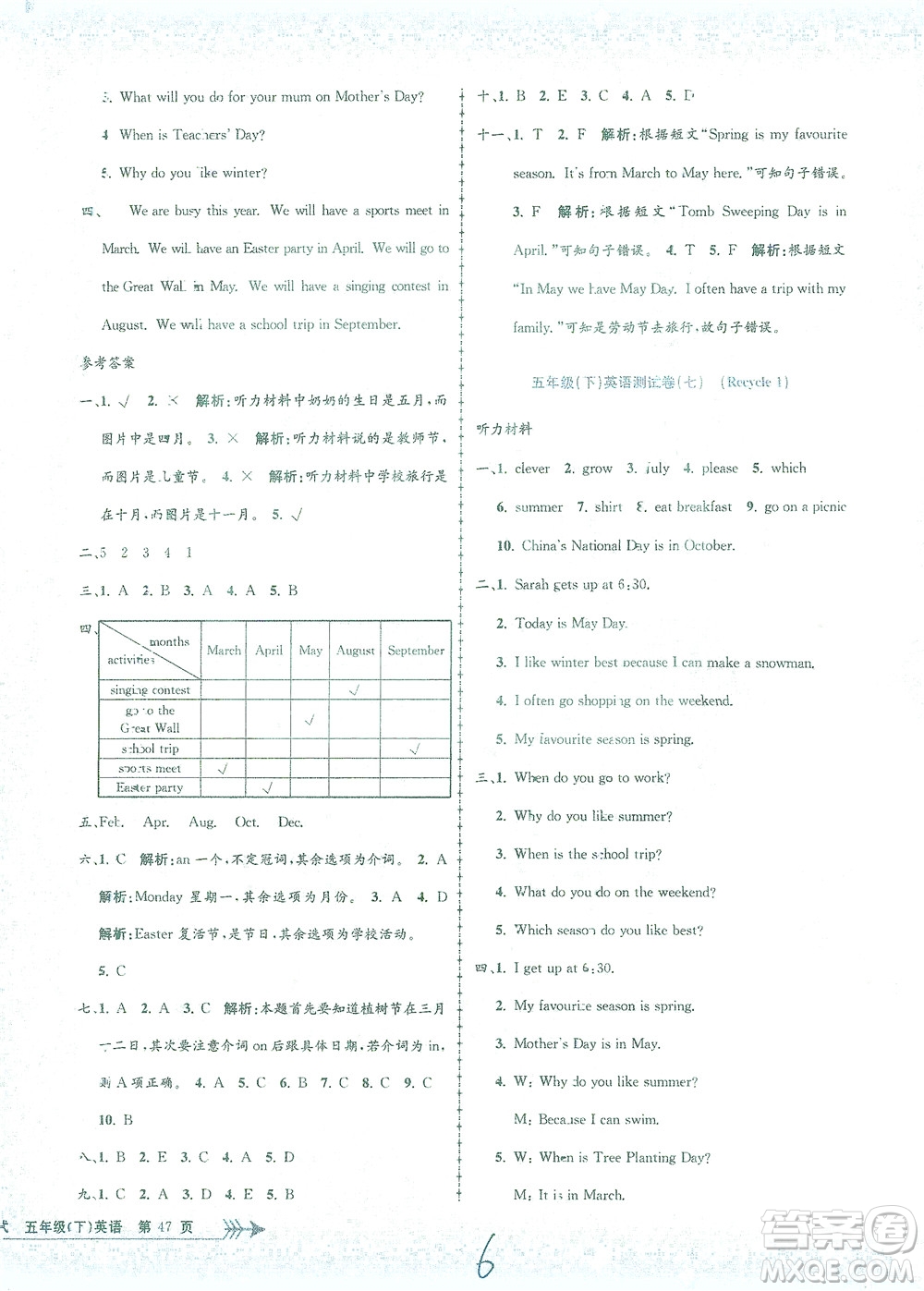 浙江工商大學(xué)出版社2021孟建平系列叢書小學(xué)單元測(cè)試英語(yǔ)五年級(jí)下R人教版答案