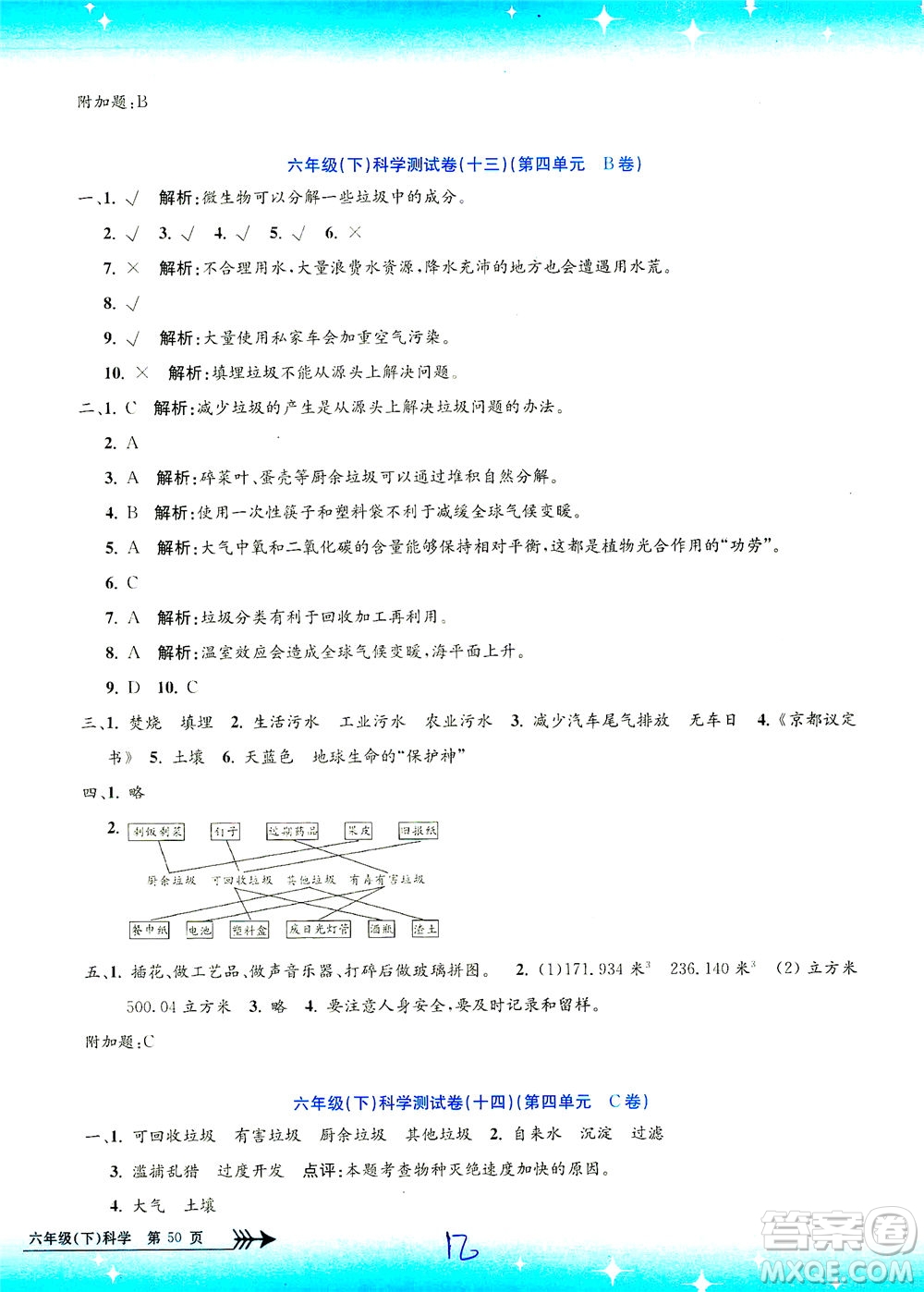 浙江工商大學出版社2021孟建平系列叢書小學單元測試科學六年級下J教科版答案