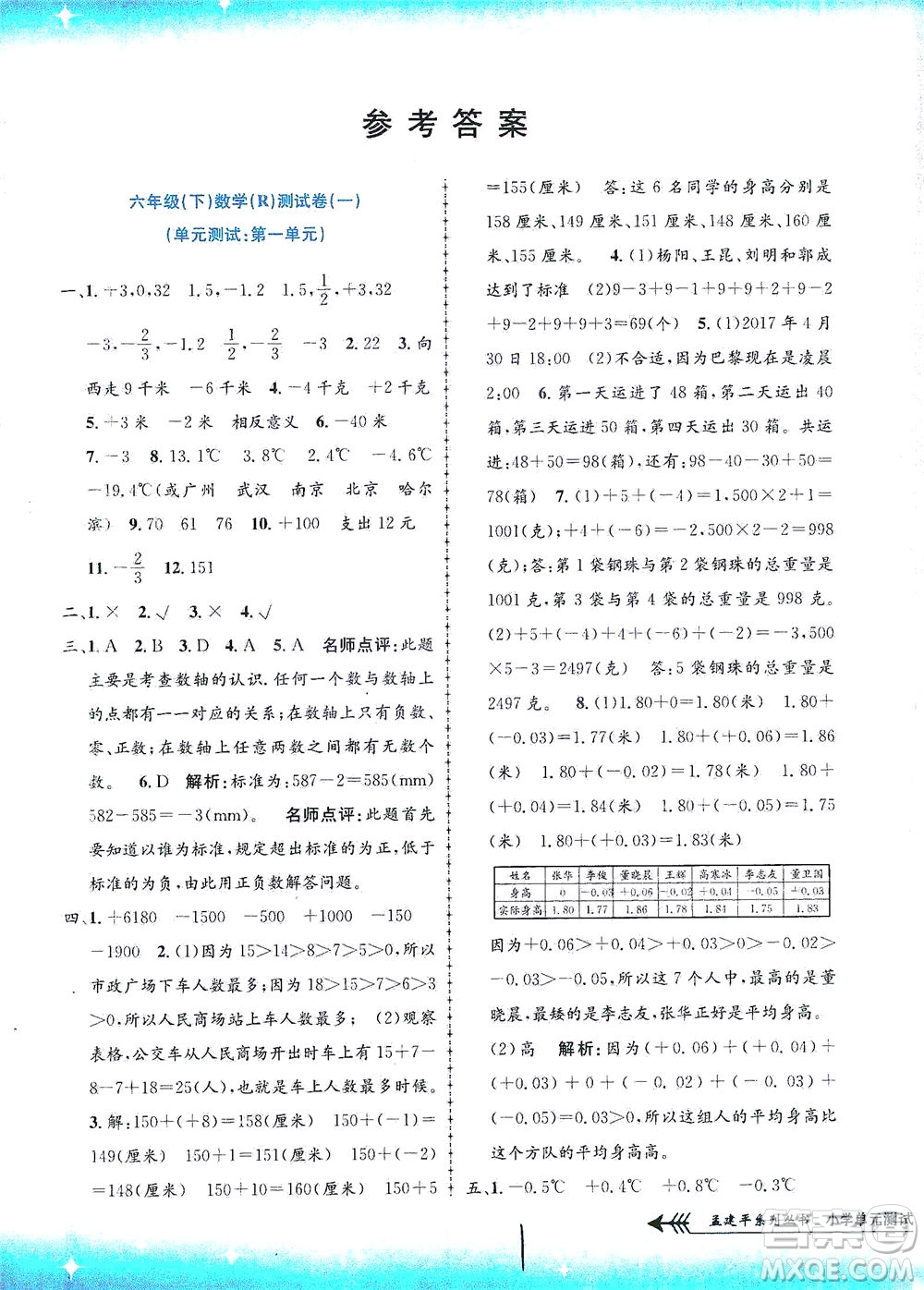 浙江工商大學(xué)出版社2021孟建平系列叢書小學(xué)單元測(cè)試數(shù)學(xué)六年級(jí)下R人教版答案