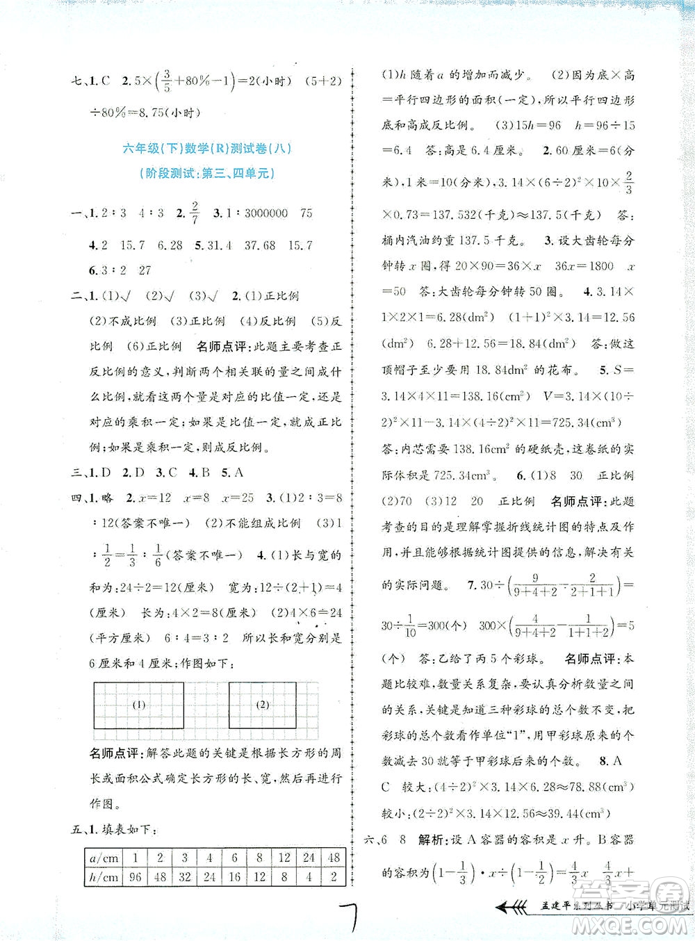 浙江工商大學(xué)出版社2021孟建平系列叢書小學(xué)單元測(cè)試數(shù)學(xué)六年級(jí)下R人教版答案