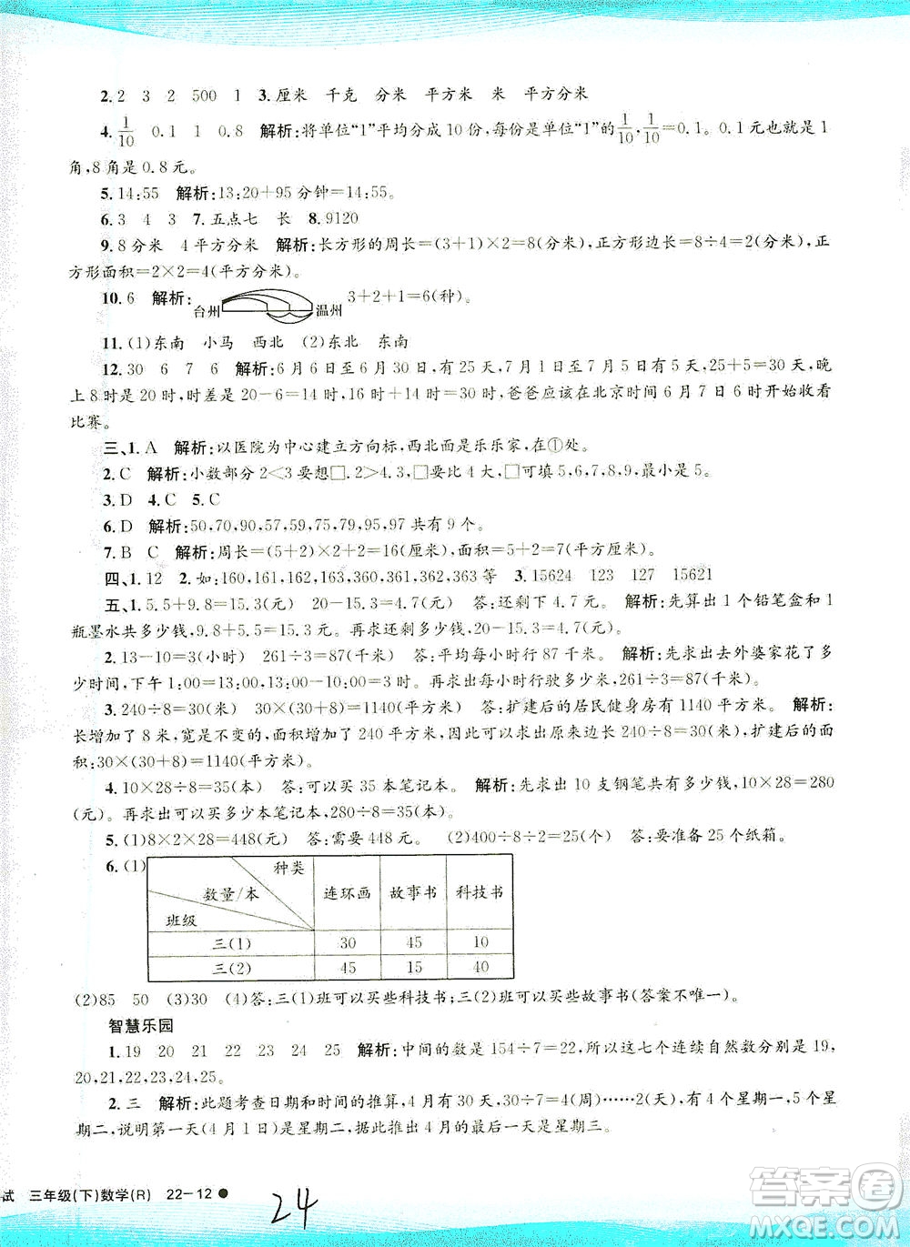 浙江工商大學(xué)出版社2021孟建平系列叢書小學(xué)滾動(dòng)測(cè)試數(shù)學(xué)三年級(jí)下R人教版答案