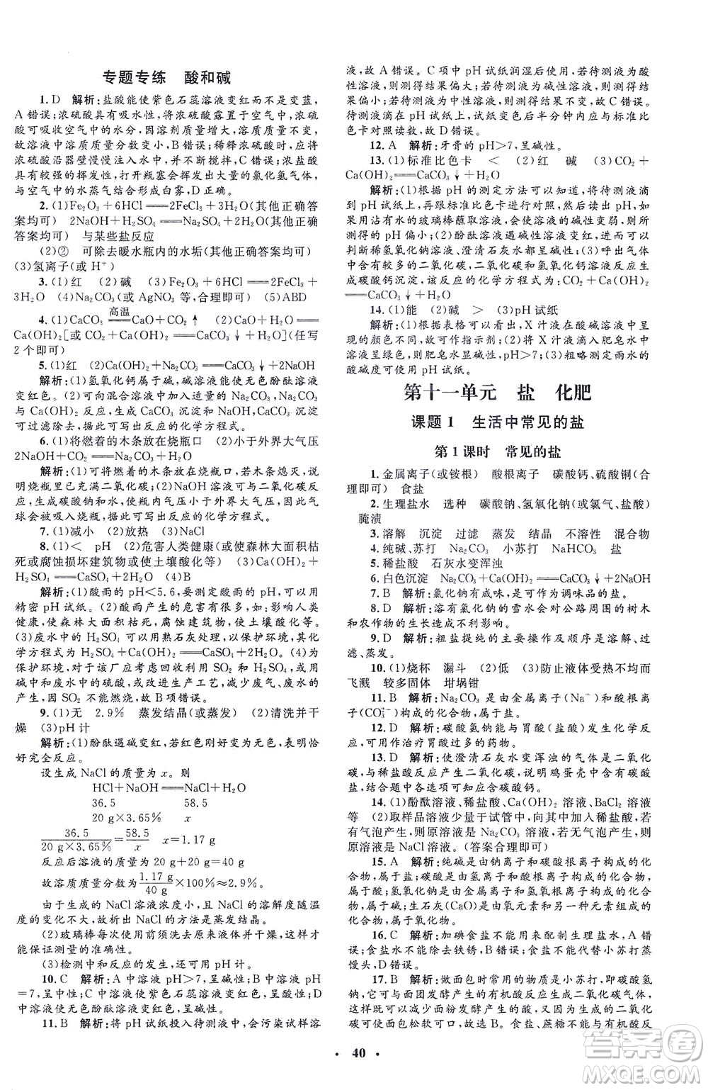 上海大學出版社2021非常1+1完全題練九年級化學下冊人教版答案
