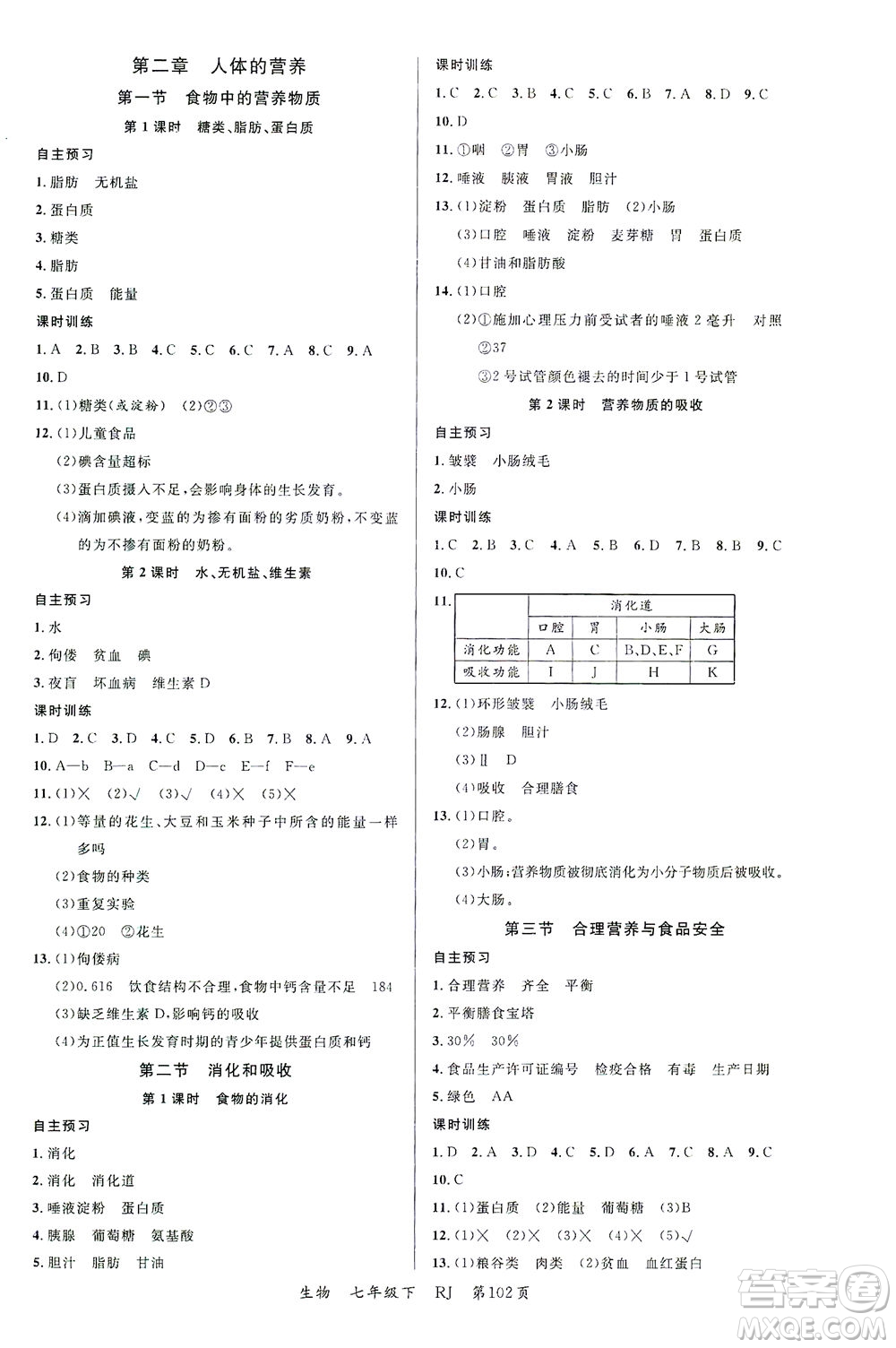 延邊大學出版社2021一線課堂七年級生物下冊人教版答案