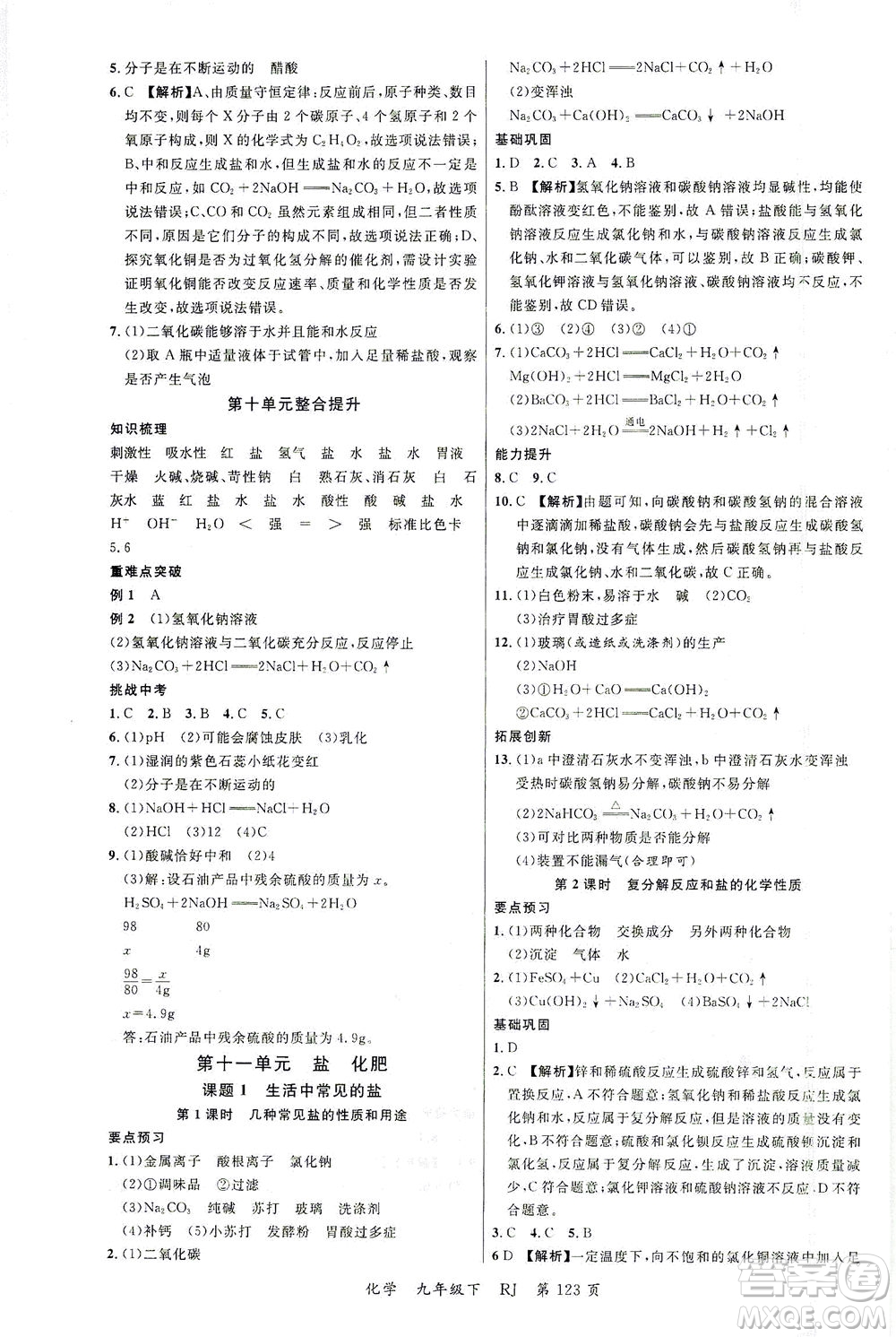 延邊大學(xué)出版社2021一線課堂九年級(jí)化學(xué)下冊(cè)人教版答案
