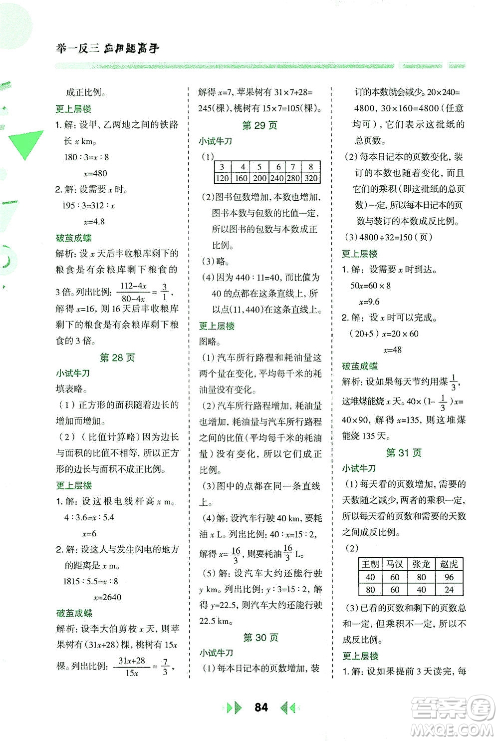 陜西人民教育出版社2021舉一反三應用題高手六年級數學下冊北師大版答案