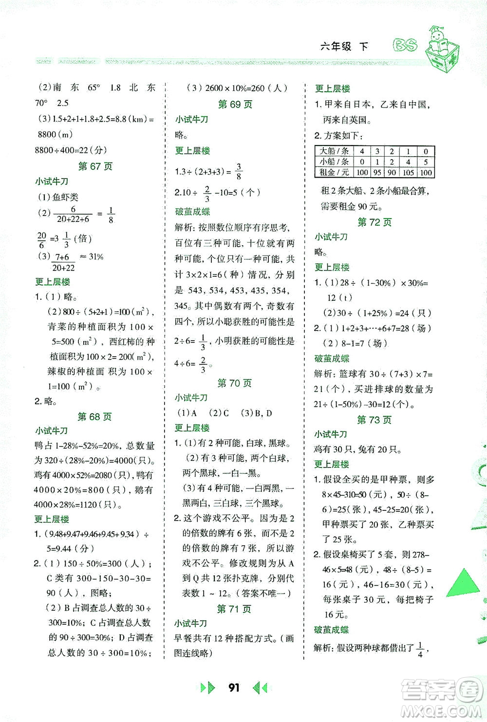陜西人民教育出版社2021舉一反三應用題高手六年級數學下冊北師大版答案