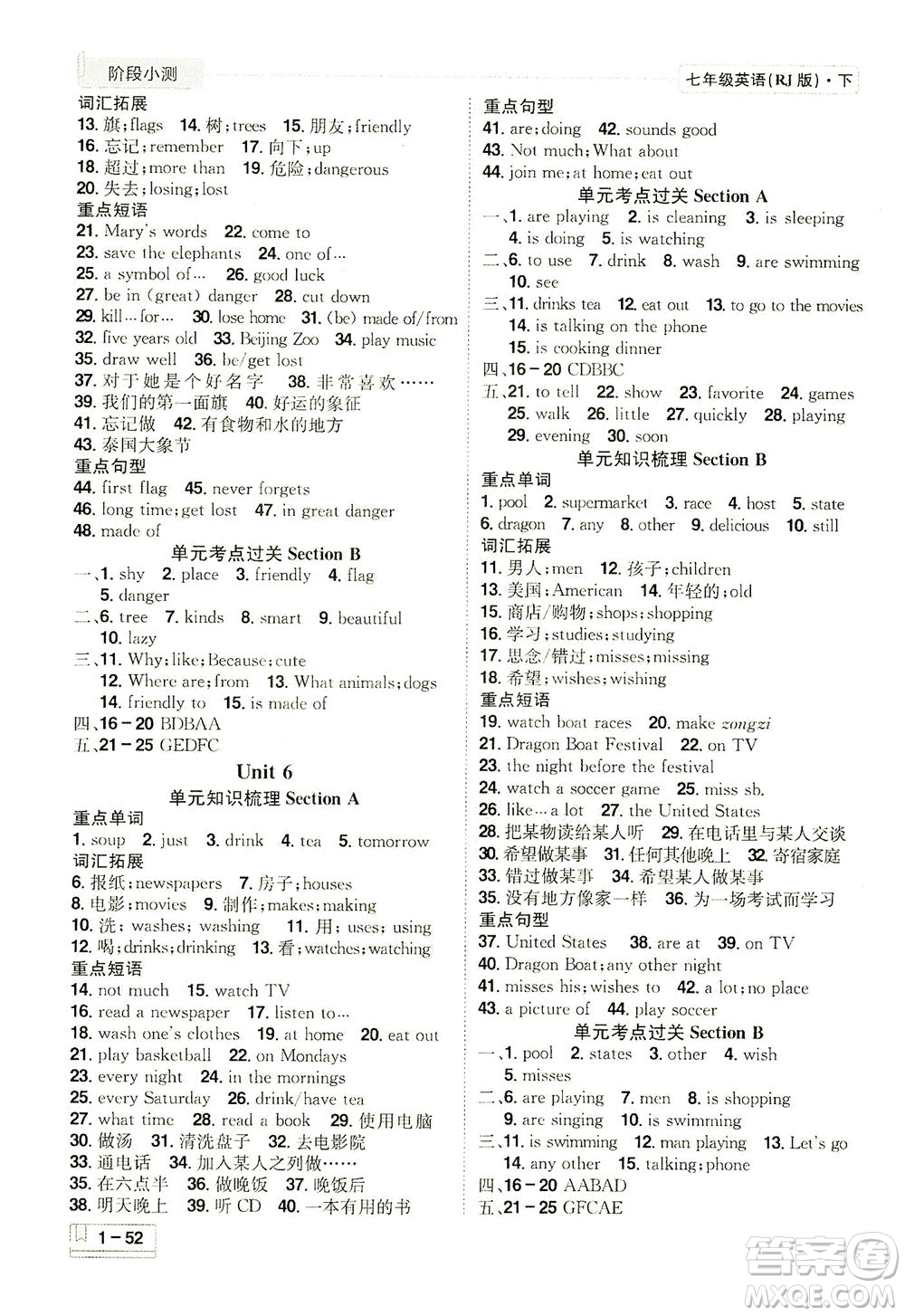 江西美術(shù)出版社2021奪冠計(jì)劃階段小測(cè)英語(yǔ)七年級(jí)下冊(cè)RJ人教版江西專版答案