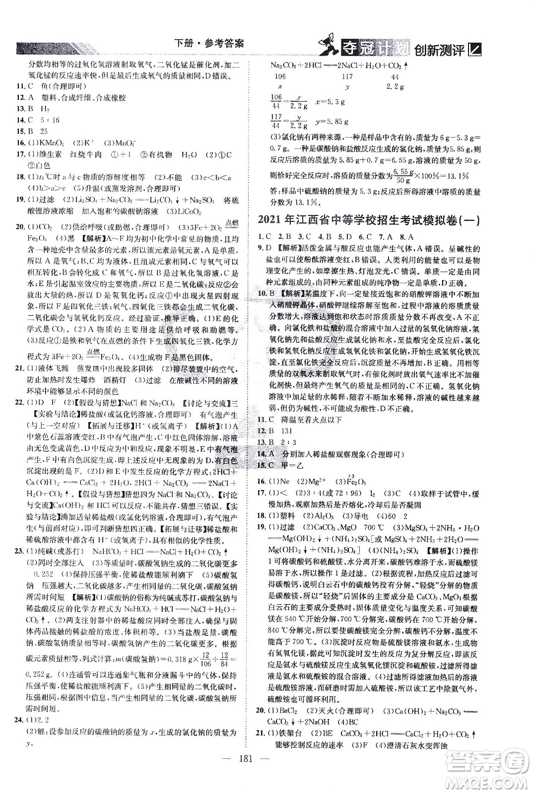 江西美術(shù)出版社2021奪冠計(jì)劃化學(xué)九年級(jí)下冊(cè)RJ人教版江西專版答案