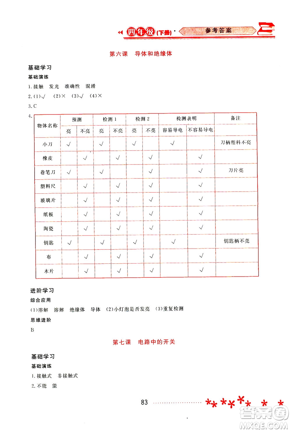 黑龍江教育出版社2021資源與評價四年級科學(xué)下冊教科版答案