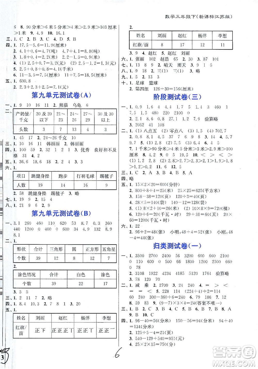 東南大學出版社2021江蘇密卷數(shù)學三年級下冊新課標江蘇版答案