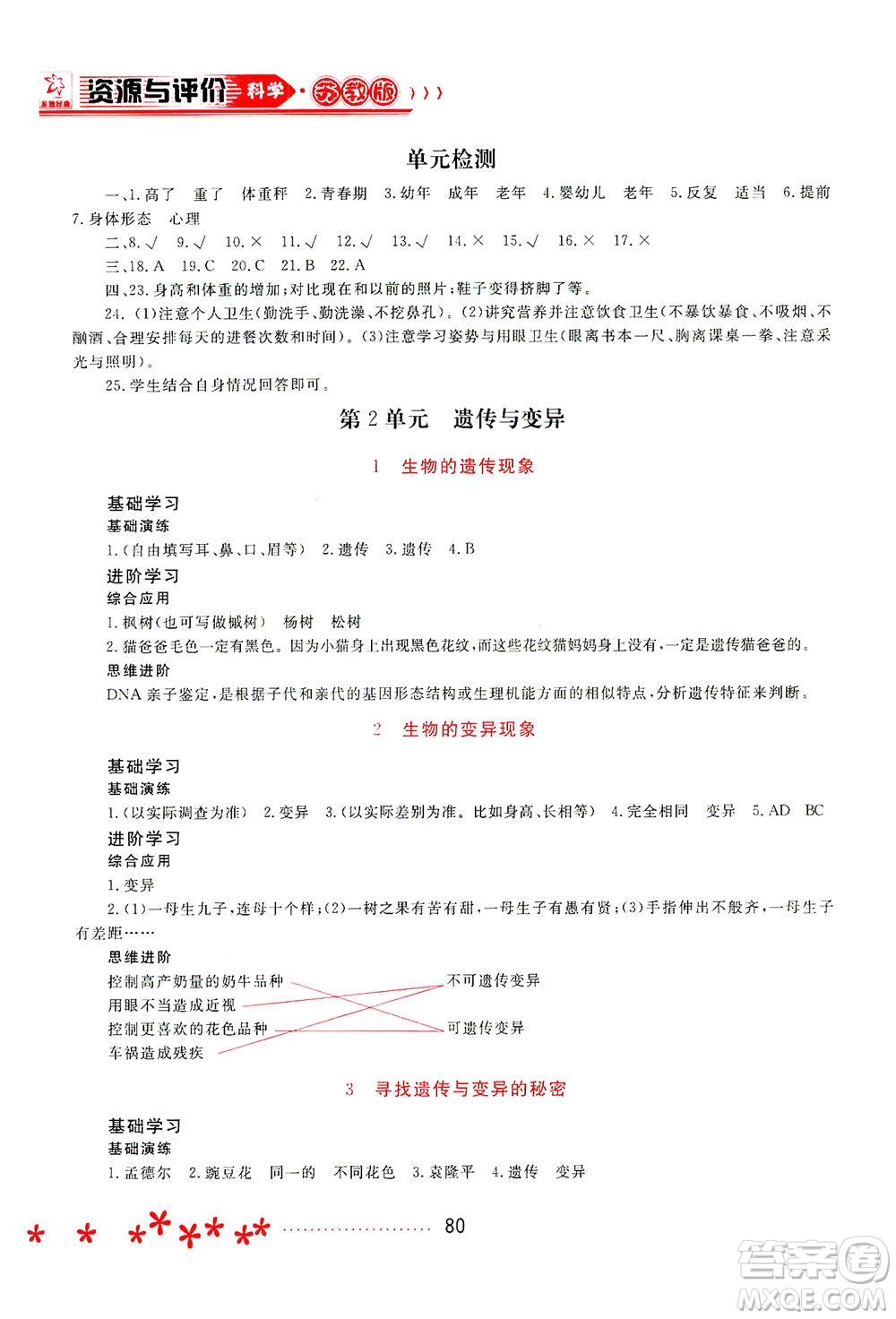 黑龍江教育出版社2021資源與評價(jià)六年級科學(xué)下冊蘇教版答案