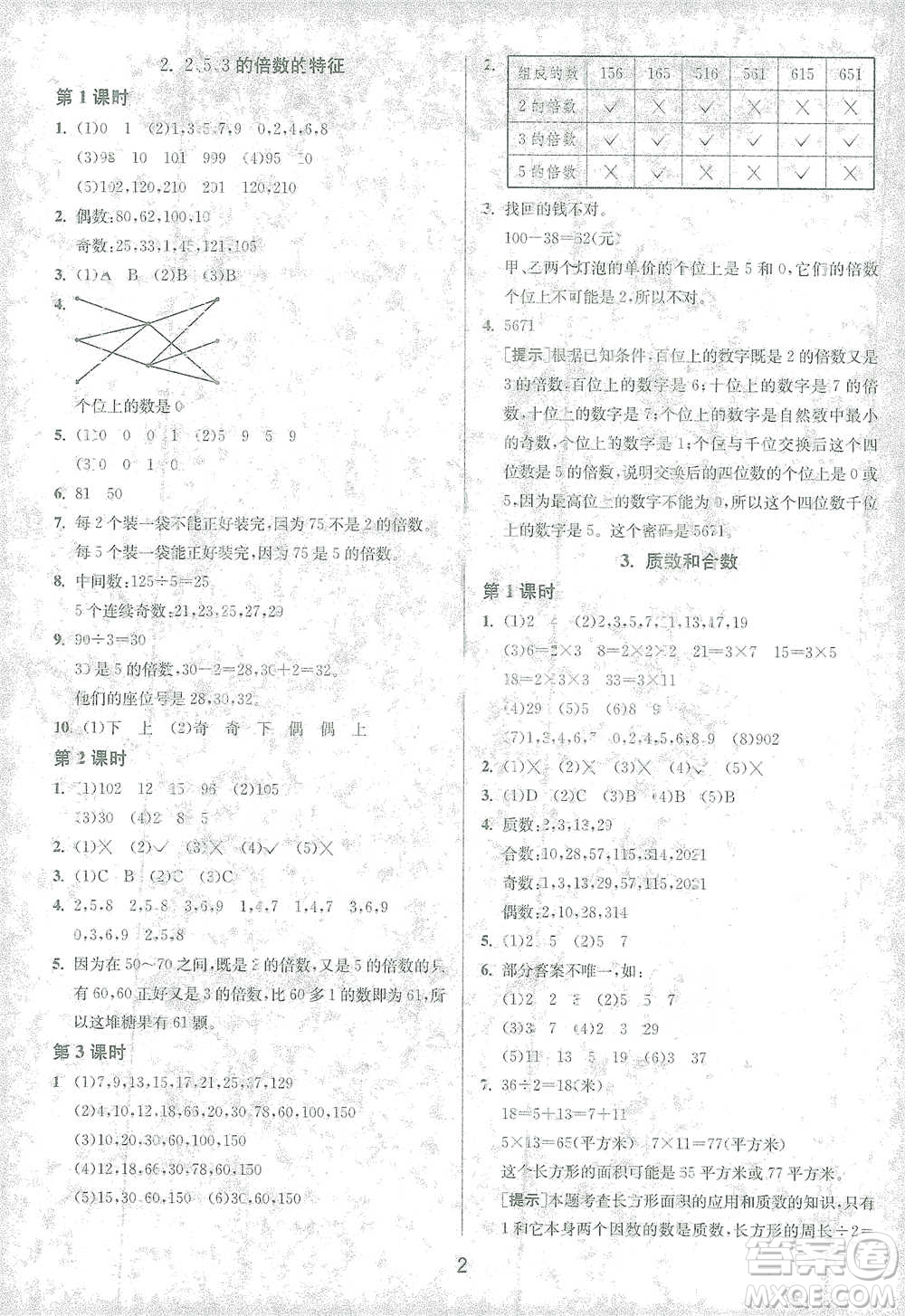 江蘇人民出版社2021年1課3練單元達(dá)標(biāo)測試五年級下冊數(shù)學(xué)人教版參考答案