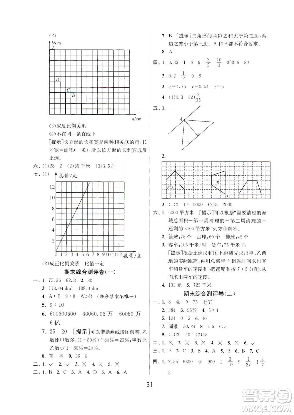 江蘇人民出版社2021年1課3練單元達標(biāo)測試六年級下冊數(shù)學(xué)北師大版參考答案