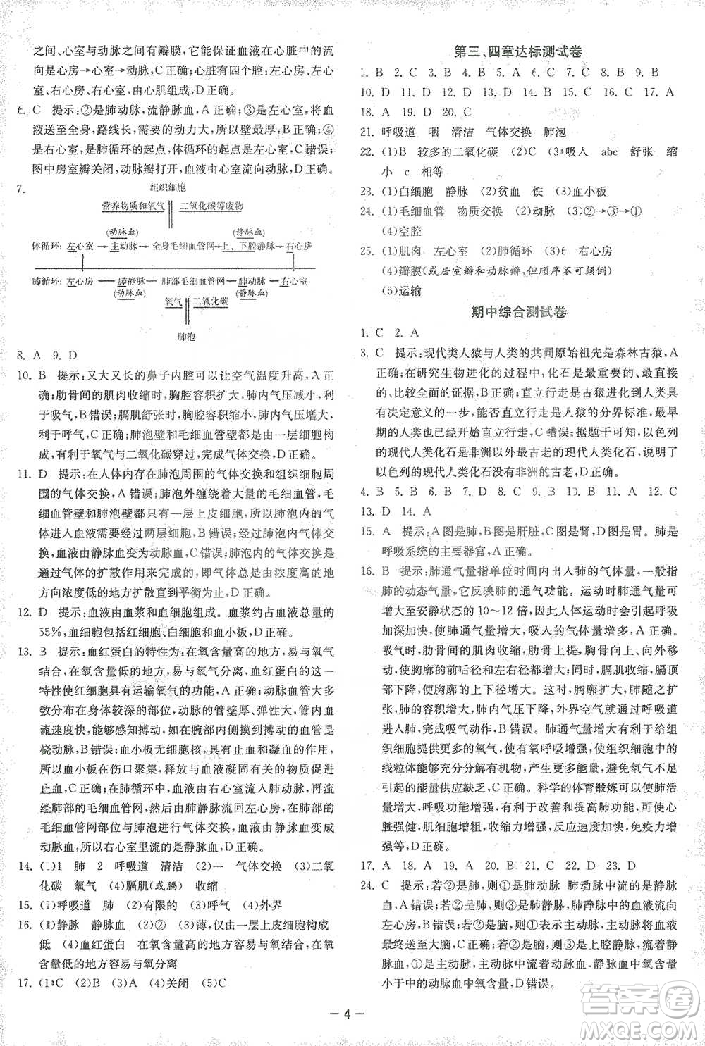 江蘇人民出版社2021年1課3練單元達標測試七年級下冊生物學人教版參考答案