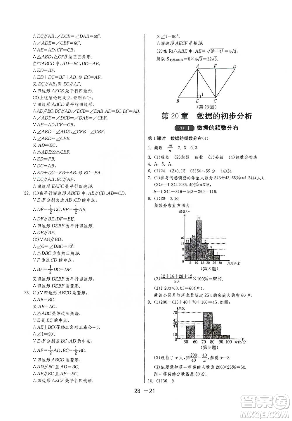 江蘇人民出版社2021年1課3練單元達(dá)標(biāo)測試八年級下冊數(shù)學(xué)滬科版參考答案