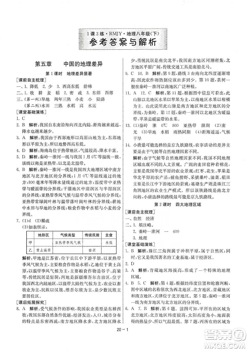 江蘇人民出版社2021年1課3練單元達標測試八年級下冊地理人教版參考答案