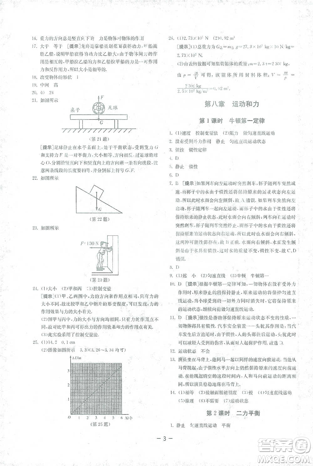 江蘇人民出版社2021年1課3練單元達(dá)標(biāo)測試八年級(jí)下冊物理人教版參考答案