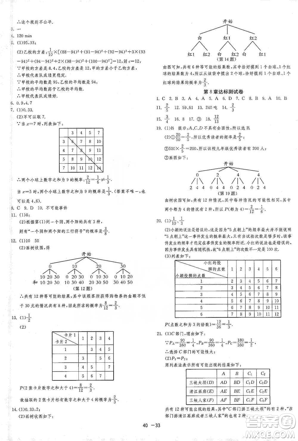 江蘇人民出版社2021年1課3練單元達(dá)標(biāo)測試九年級下冊數(shù)學(xué)蘇科版參考答案