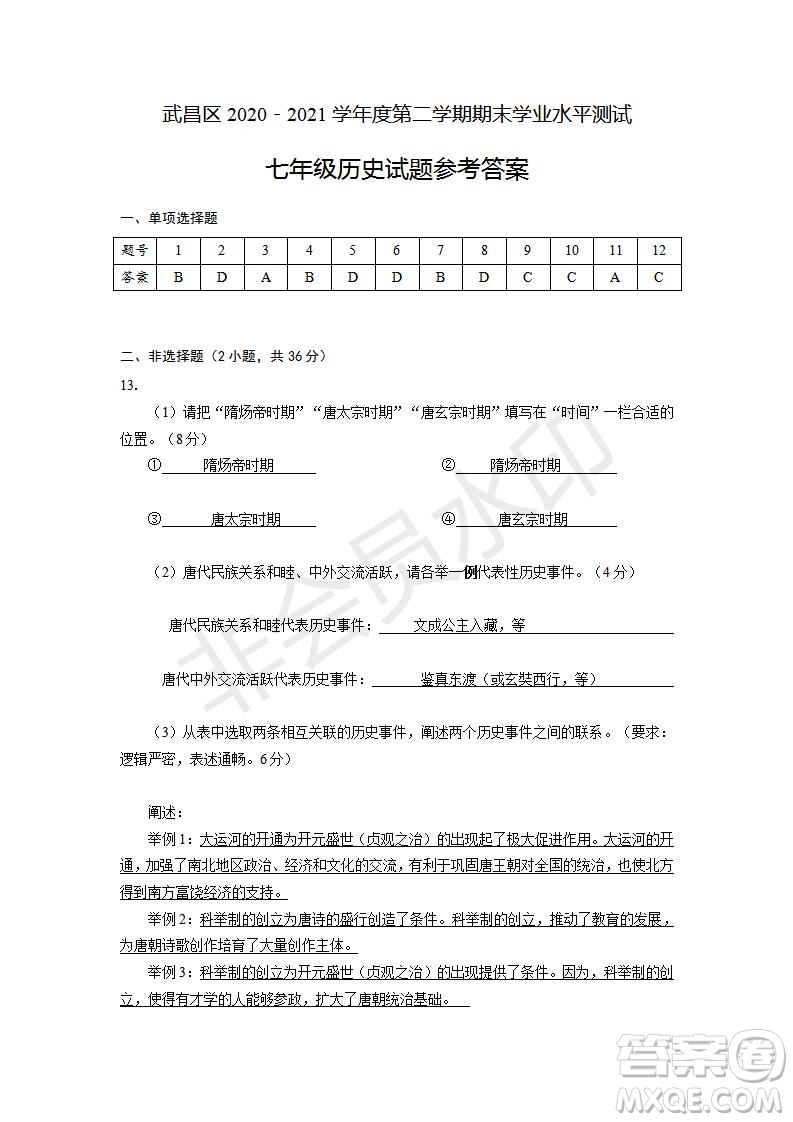 武昌區(qū)2020-2021學(xué)年度第二學(xué)期期末學(xué)業(yè)水平測(cè)試七年級(jí)歷史參考答案