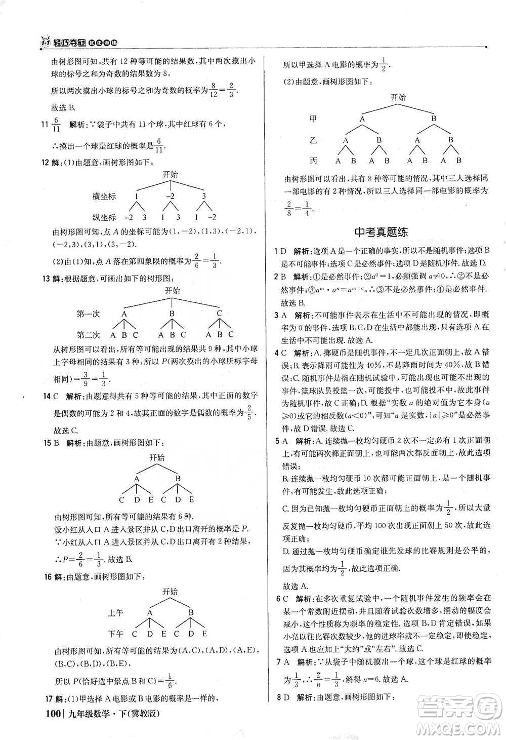 北京教育出版社2021年1+1輕巧奪冠優(yōu)化訓(xùn)練九年級(jí)下冊(cè)數(shù)學(xué)冀教版參考答案