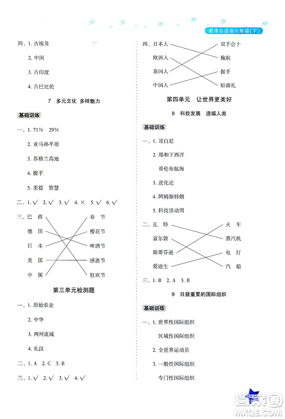 湖南教育出版社2021學(xué)法大視野六年級(jí)道德與法治下冊(cè)人教版答案