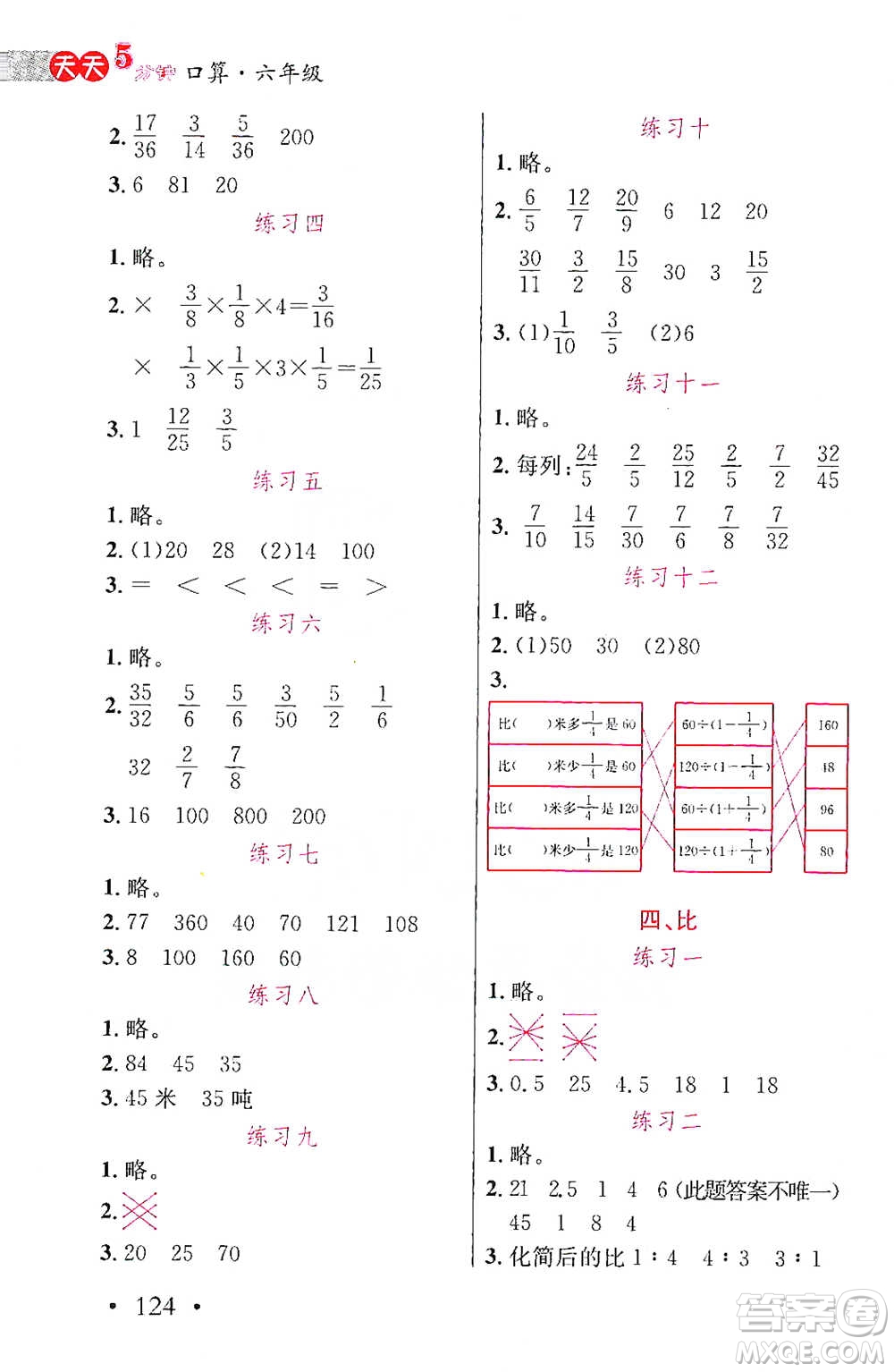 湖北教育出版社2021天天5分鐘口算六年級數(shù)學參考答案