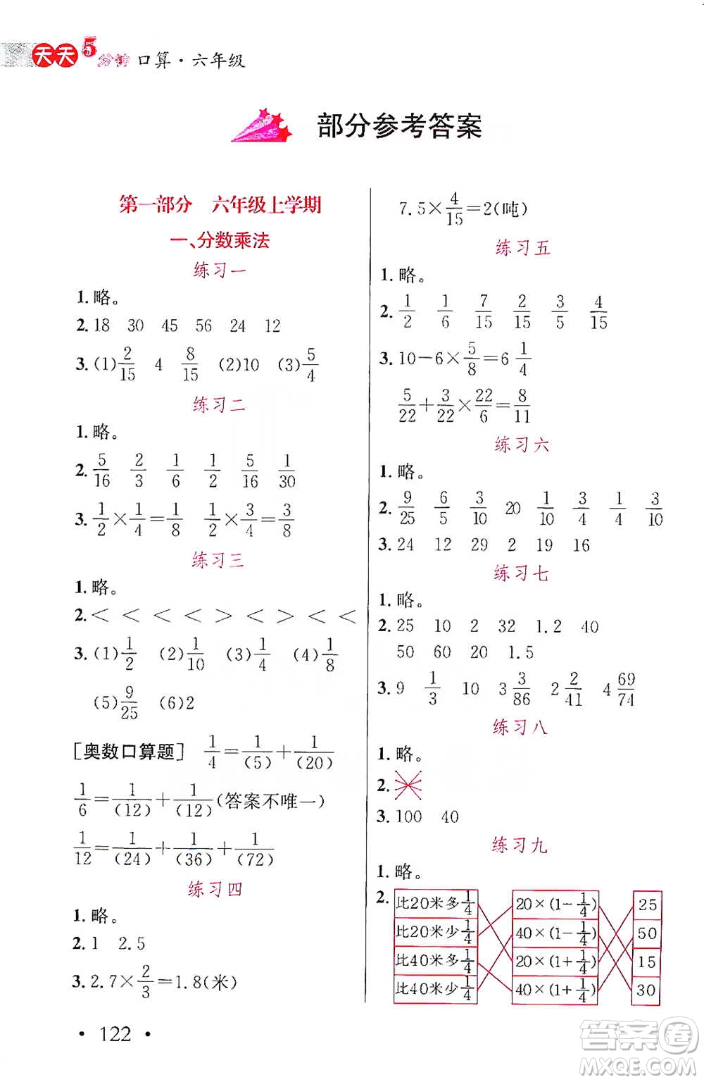 湖北教育出版社2021天天5分鐘口算六年級數(shù)學參考答案