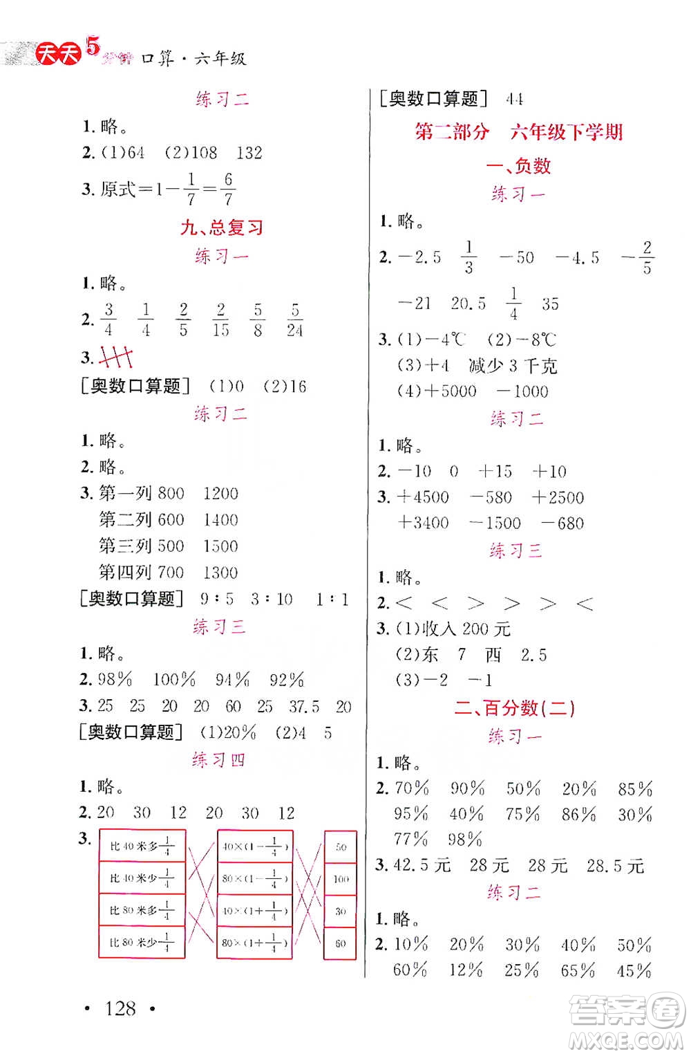 湖北教育出版社2021天天5分鐘口算六年級數(shù)學參考答案