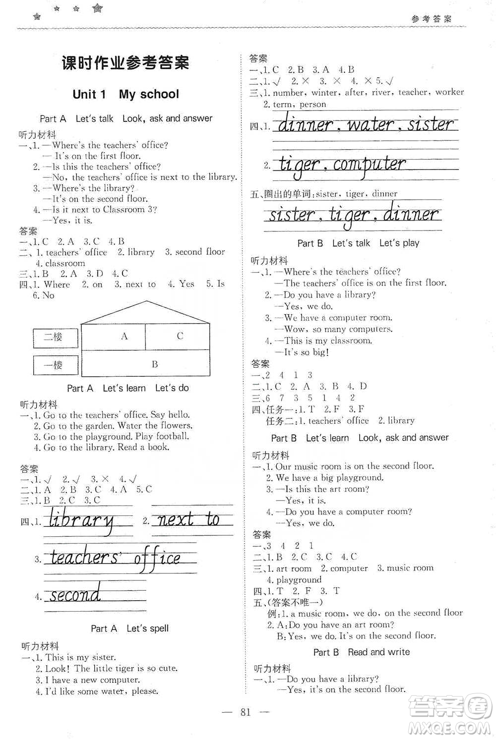 北京教育出版社2021年1+1輕巧奪冠優(yōu)化訓(xùn)練四年級下冊英語人教PEP版參考答案