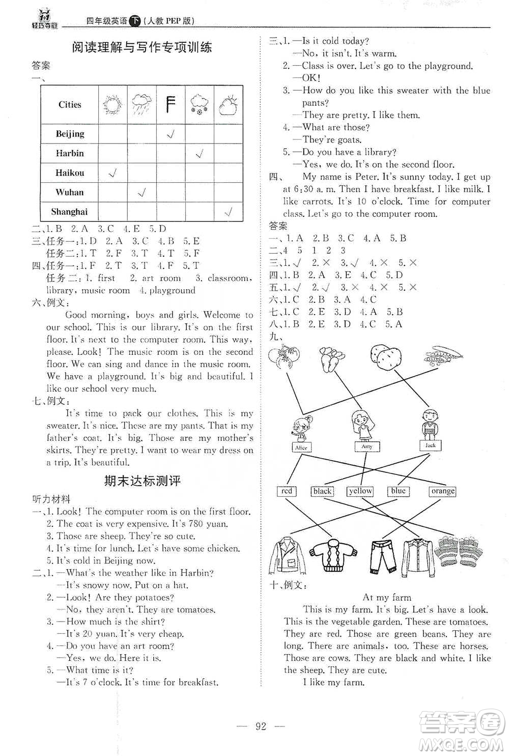 北京教育出版社2021年1+1輕巧奪冠優(yōu)化訓(xùn)練四年級下冊英語人教PEP版參考答案