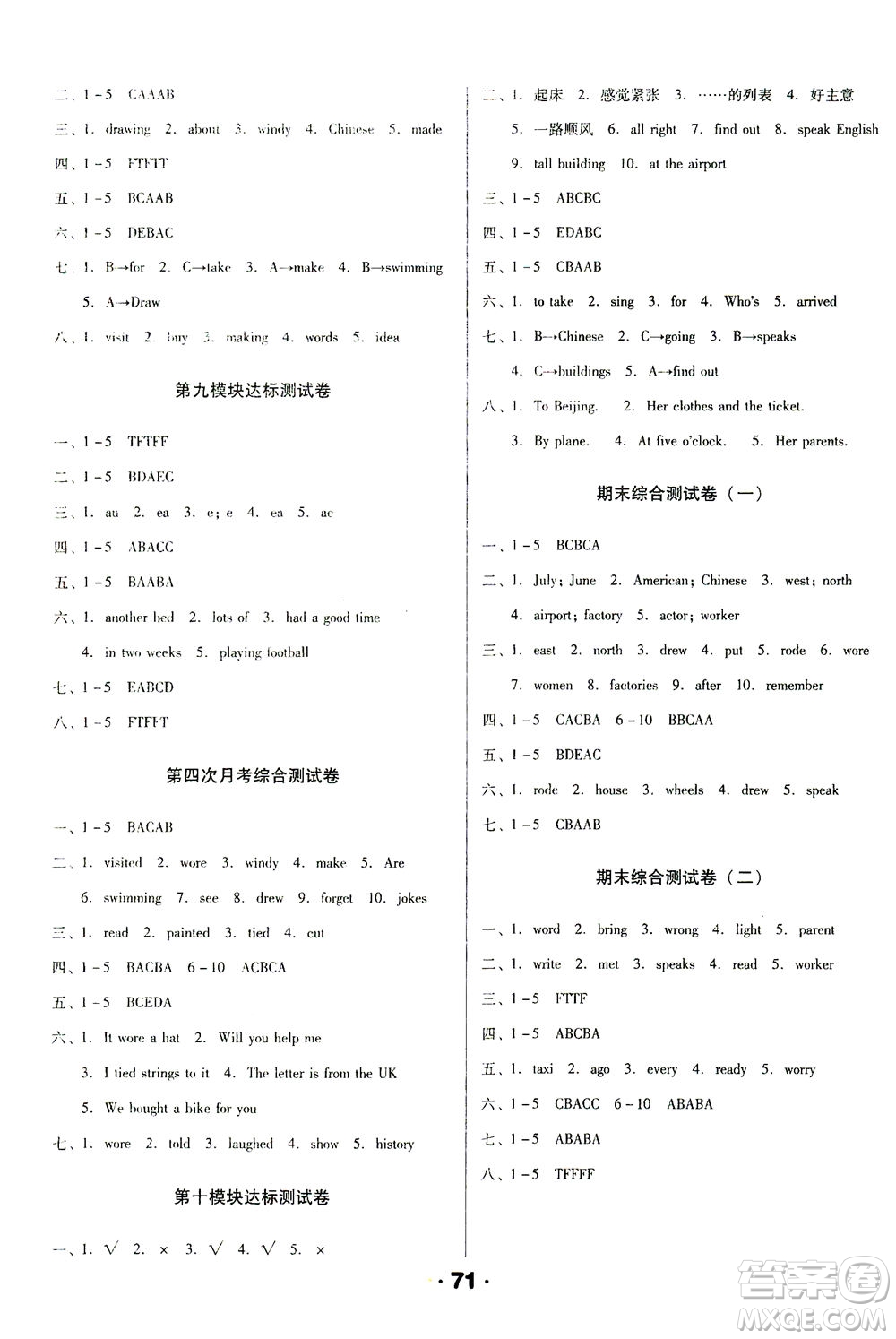 北方婦女兒童出版社2021全程考評一卷通英語三年級起點五年級下冊WY外研版答案