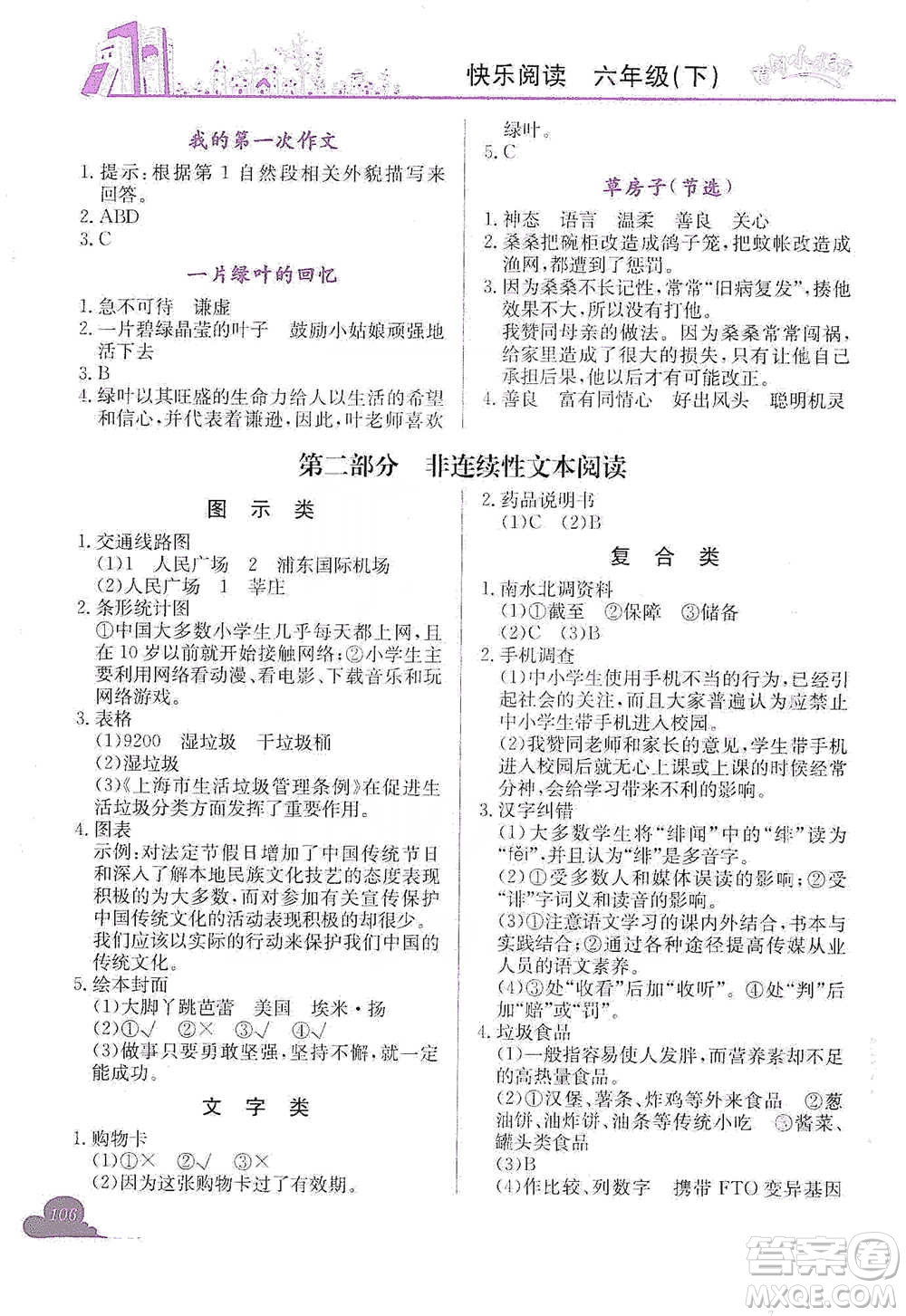 龍門書局2021黃岡小狀元快樂閱讀六年級(jí)下冊(cè)語(yǔ)文參考答案