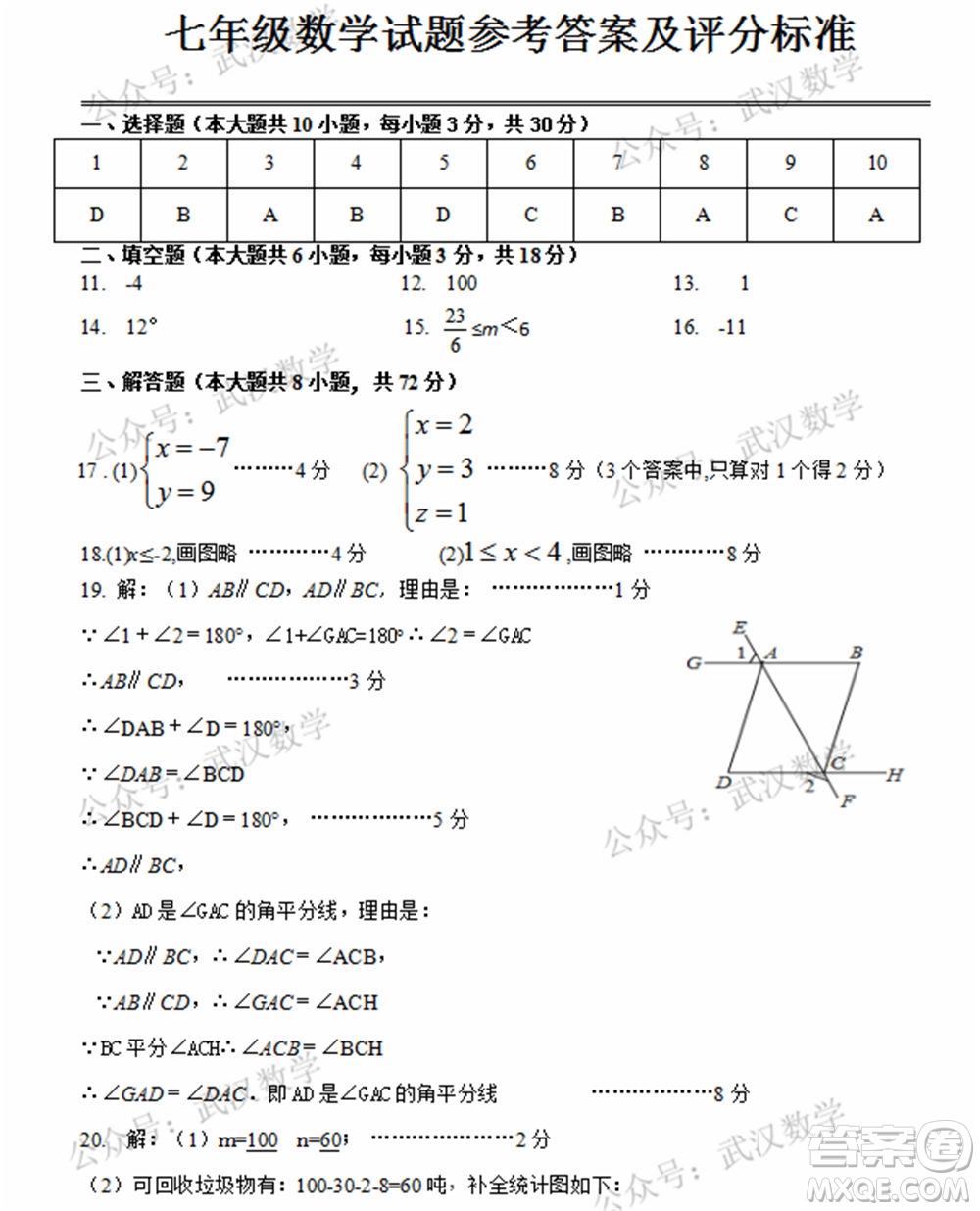 武漢市漢陽區(qū)2020-2021年度下學(xué)期七年級期末考試數(shù)學(xué)試卷及答案