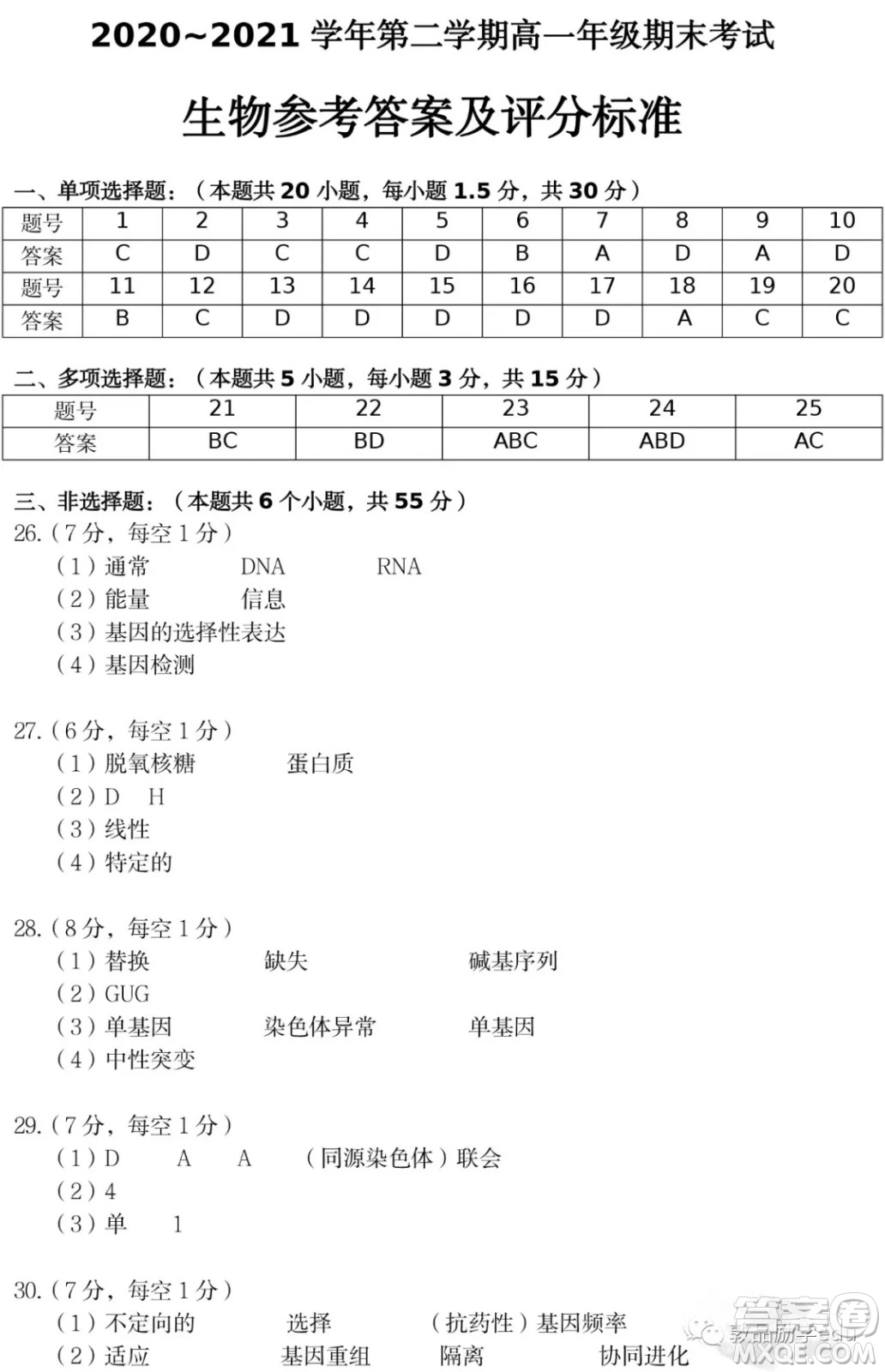 太原市2020-2021學(xué)年第二學(xué)期高一年級期末考試生物試卷及答案