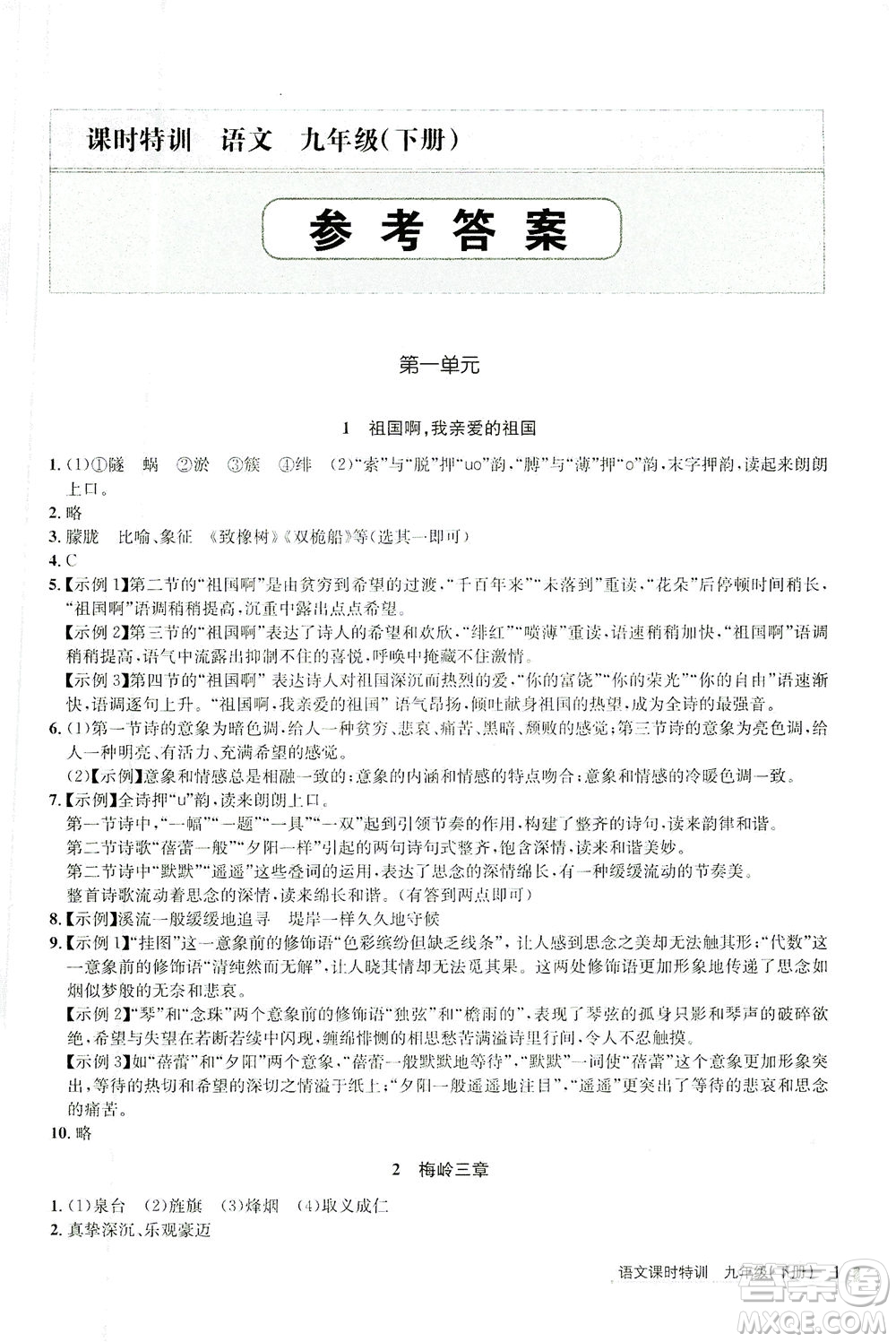 浙江人民出版社2021課時(shí)特訓(xùn)九年級語文下冊人教版答案