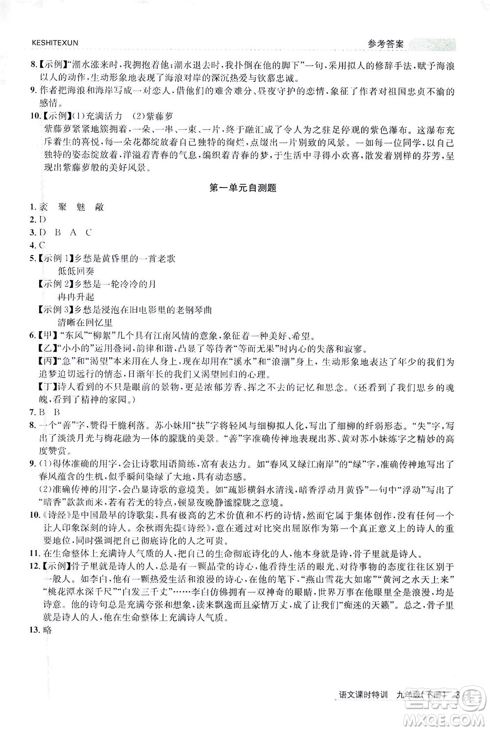 浙江人民出版社2021課時(shí)特訓(xùn)九年級語文下冊人教版答案