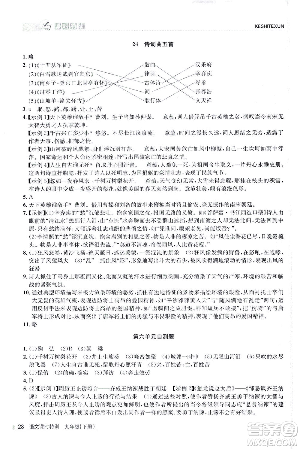 浙江人民出版社2021課時(shí)特訓(xùn)九年級語文下冊人教版答案