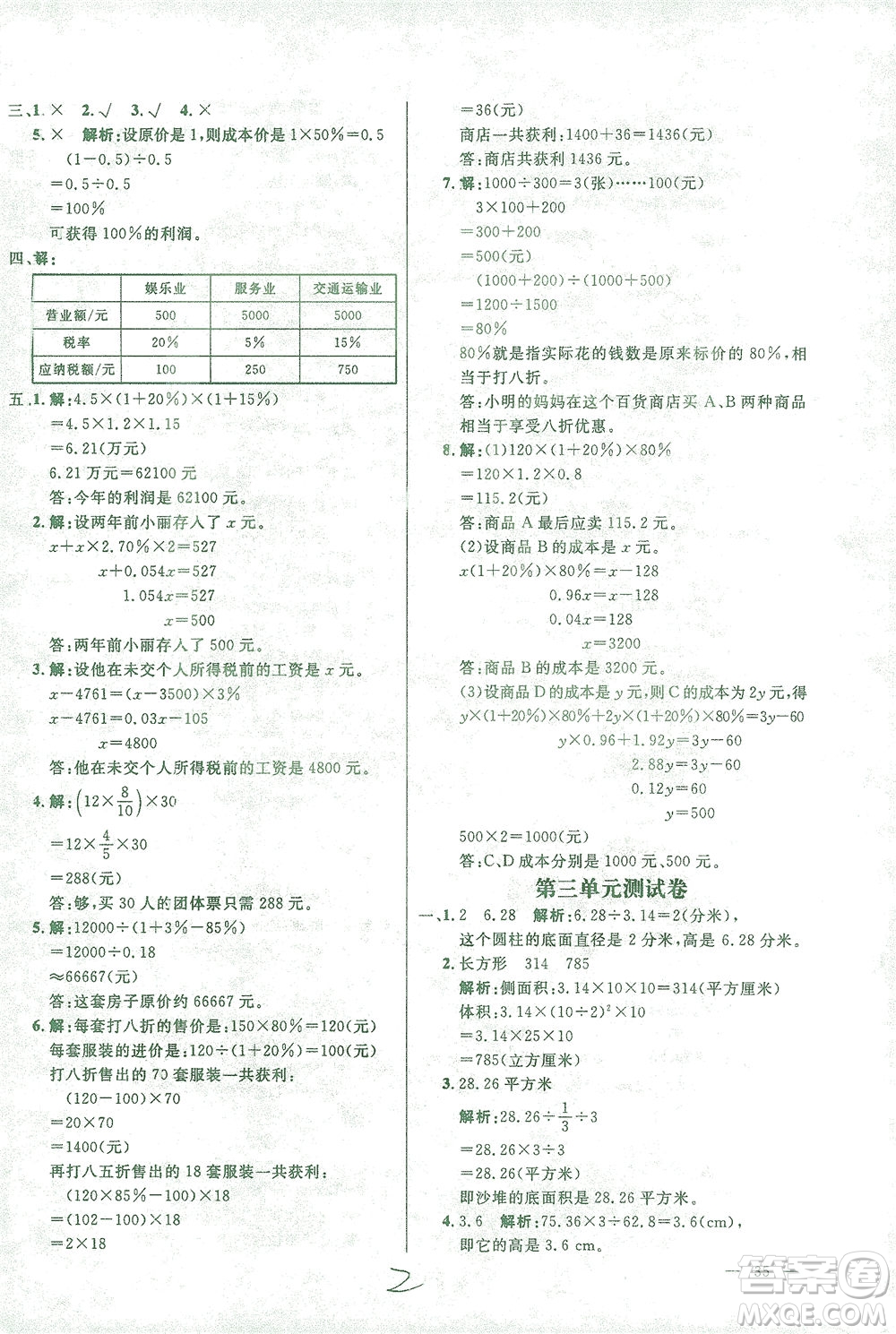 上海大學(xué)出版社2021過關(guān)沖刺100分?jǐn)?shù)學(xué)六年級(jí)下冊(cè)人教版答案