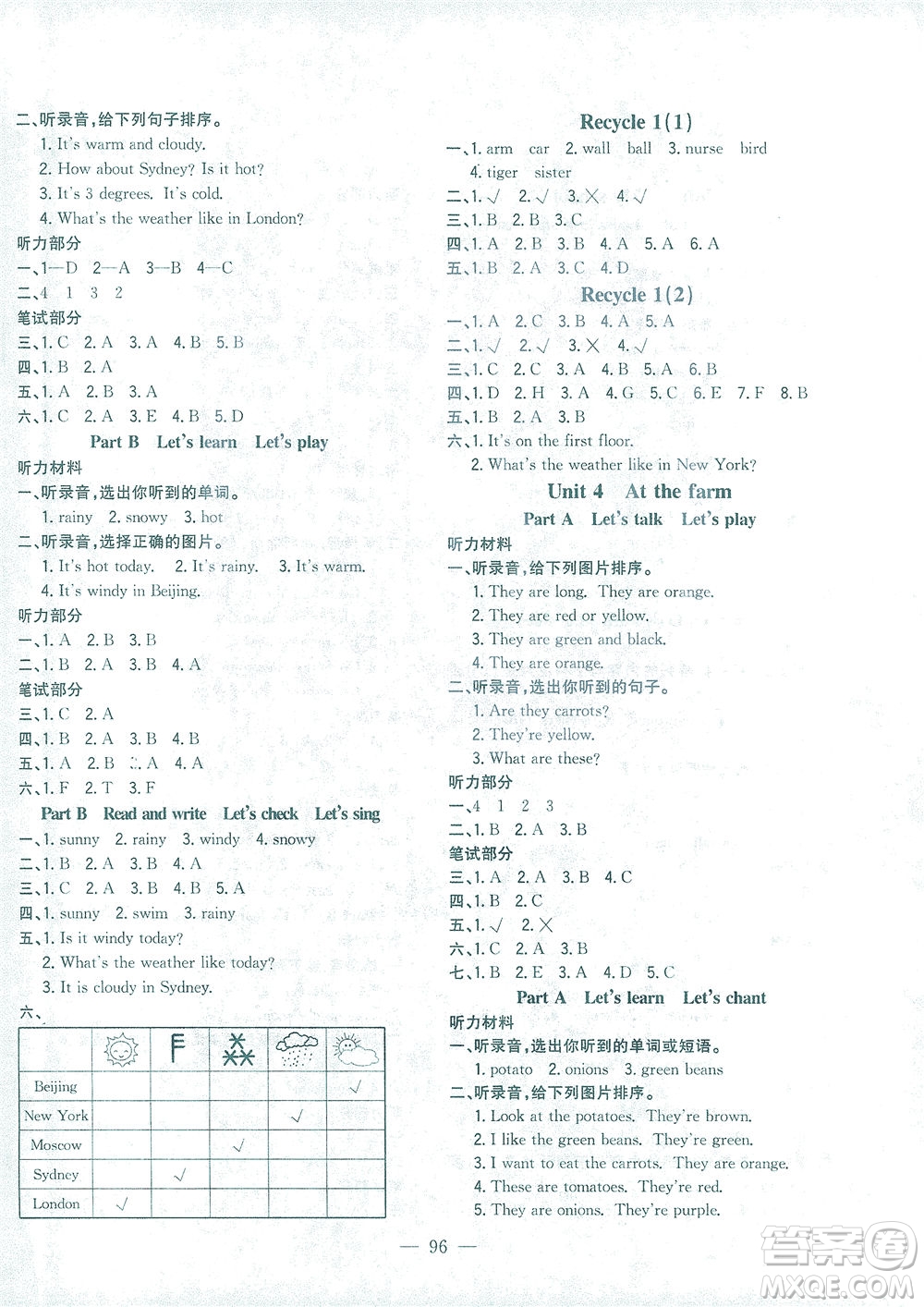浙江大學(xué)出版社2021課時特訓(xùn)優(yōu)化作業(yè)本四年級英語下冊PEP版答案