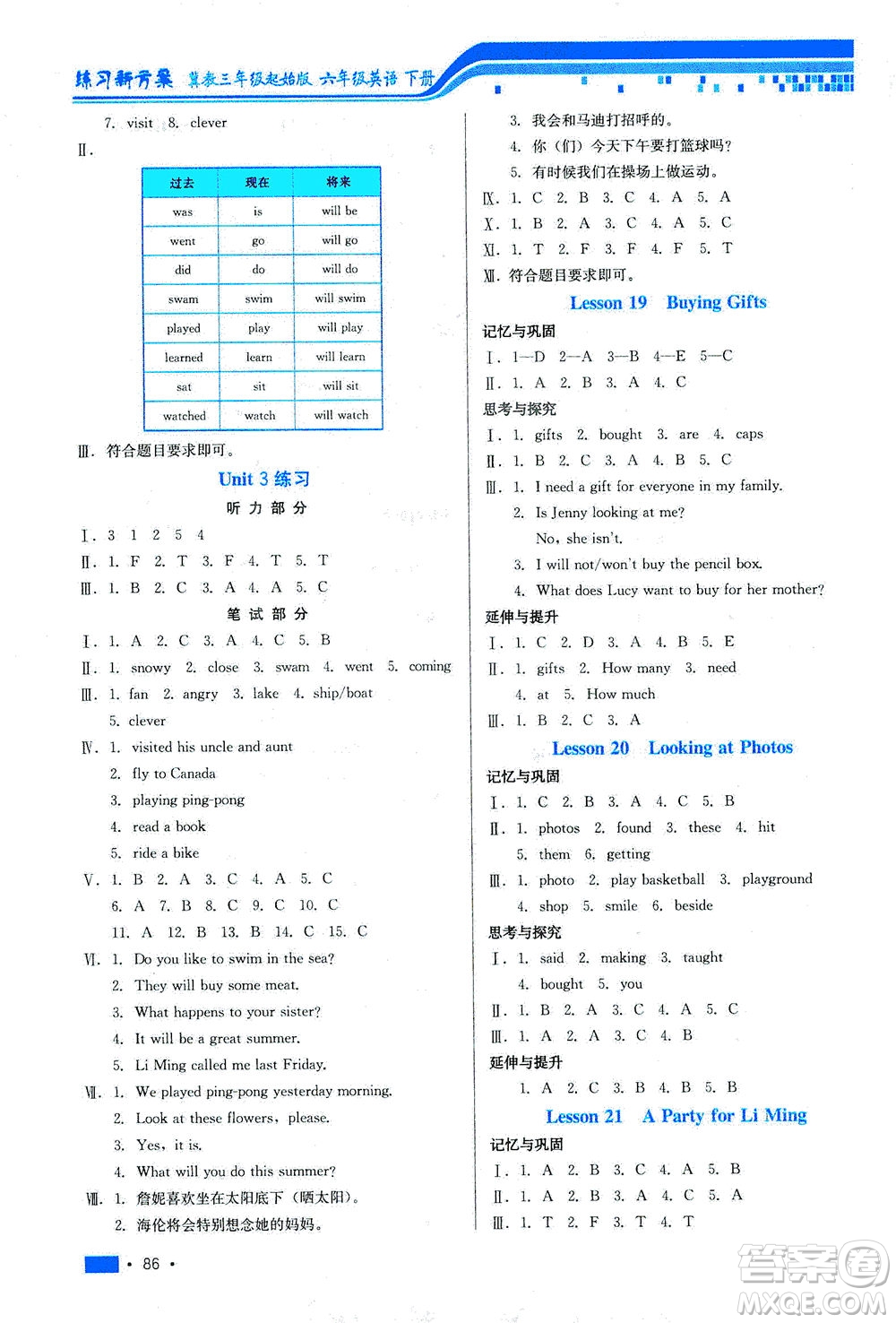 河北科學(xué)技術(shù)出版社2021練習(xí)新方案英語三年級起點(diǎn)六年級下冊冀教版答案