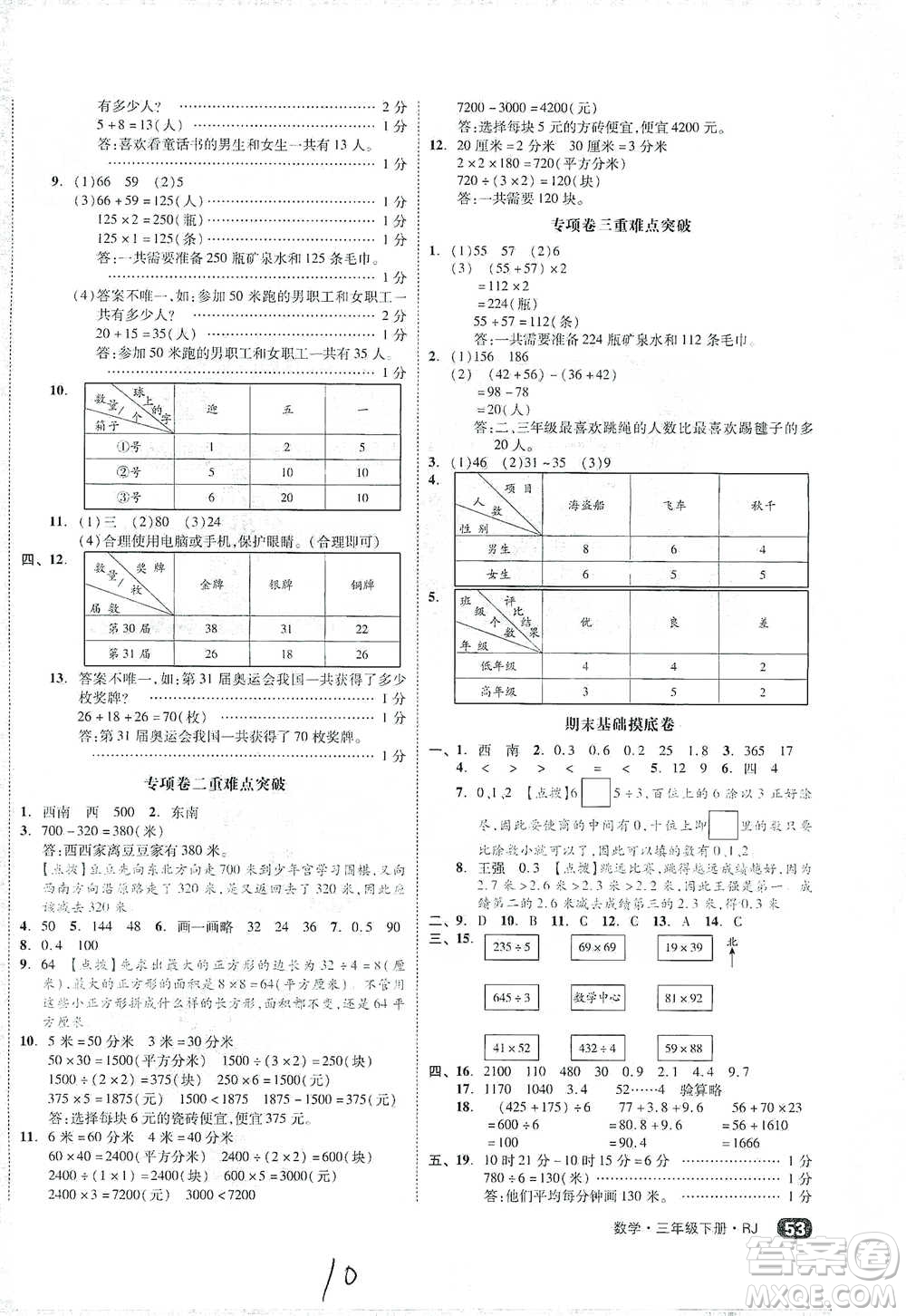 陽光出版社2021全品小復(fù)習(xí)三年級(jí)下冊(cè)數(shù)學(xué)人教版參考答案